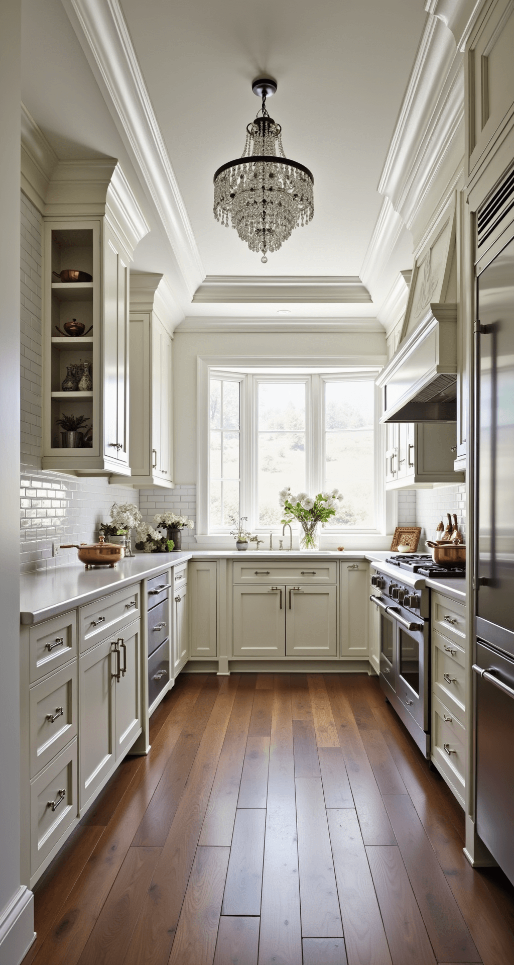 White Kitchen Cabinets: The Ultimate Guide to Timeless Elegance in Your Home A grand traditional kitchen featuring raised panel white cabinets with intricate crown molding, a crystal chandelier casting light patterns on a subway tile backsplash, and professional-grade stainless appliances, all styled with copper cookware, fresh flowers, and vintage accessories.