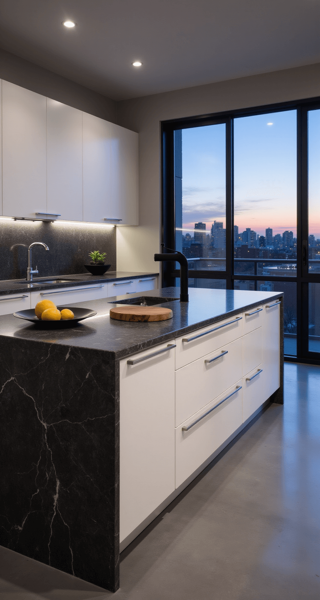 White Kitchen Cabinets: The Ultimate Guide to Timeless Elegance in Your Home Dramatic twilight kitchen with white slab-front cabinets, sleek chrome pulls, and under-cabinet LED lighting casting shadows, featuring a dark veined quartzite waterfall island, floor-to-ceiling city view windows, and minimal geometric accessories.