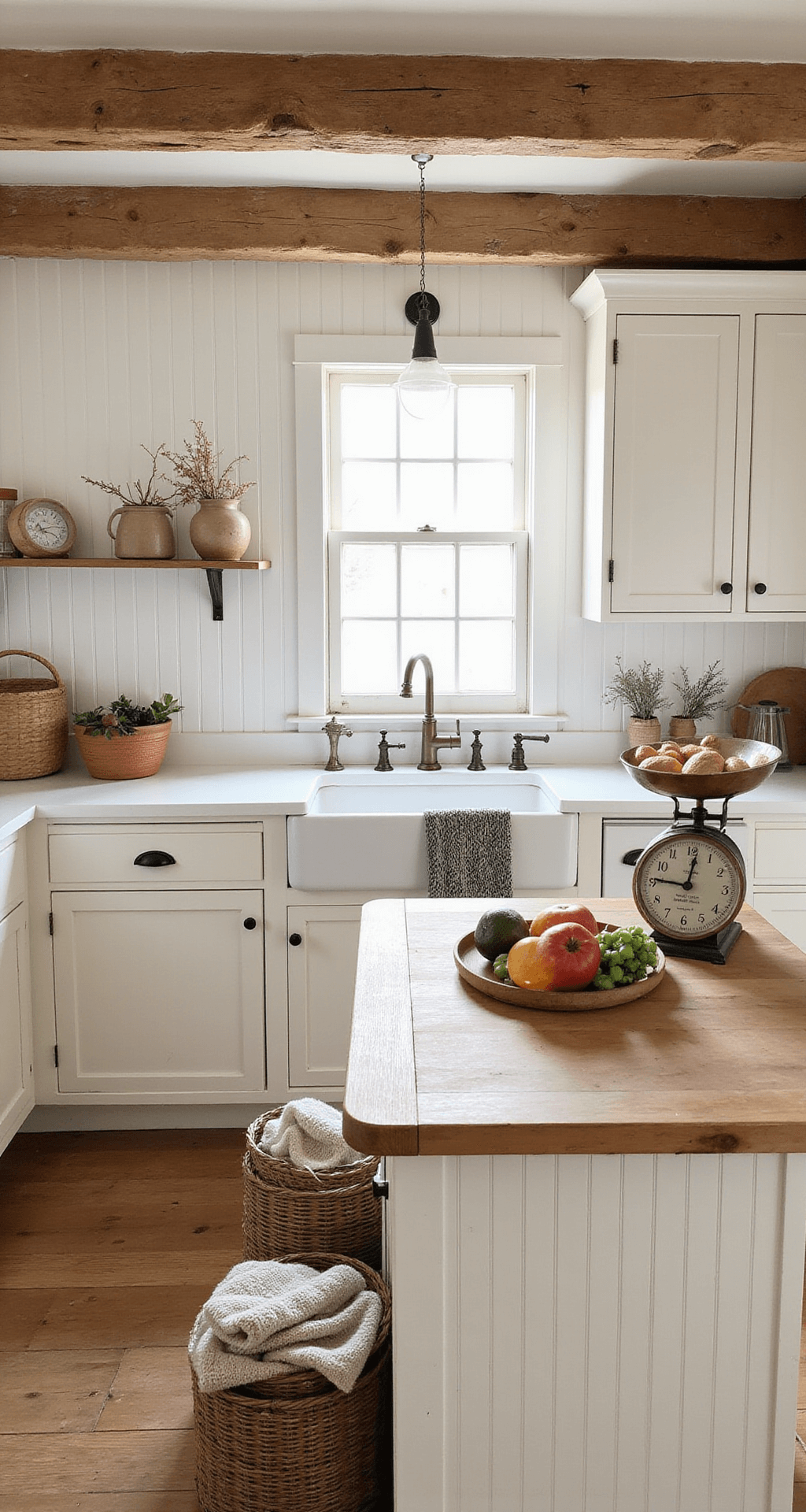 White Kitchen Cabinets: The Ultimate Guide to Timeless Elegance in Your Home A cozy farmhouse kitchen with off-white beadboard cabinets and vintage glass knobs, featuring a butcher block island adorned with an antique scale and fresh produce. Exposed wooden beams add rustic charm, while collected pottery, woven baskets, and dried herbs enhance the styling. The warm color palette includes warm white, natural wood tones, and aged brass.