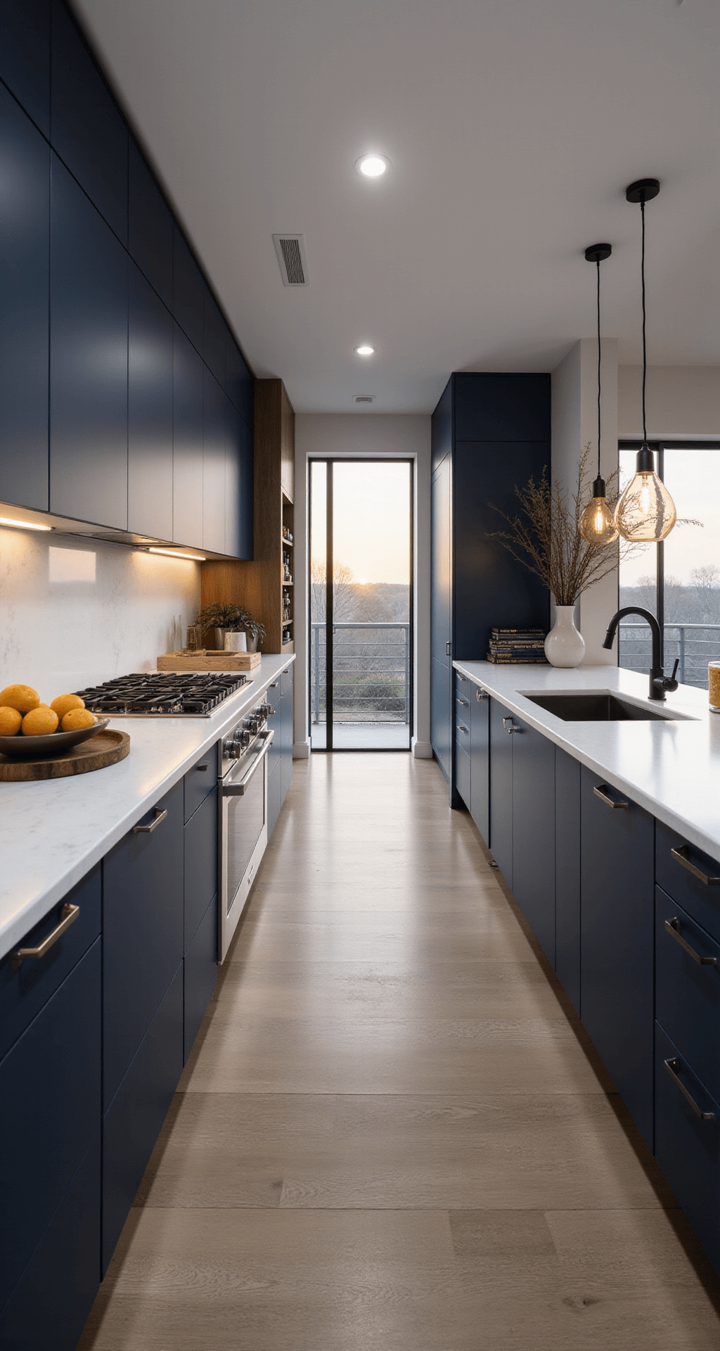 Navy Blue Kitchen Cabinets: Transform Your Space with Bold Elegance A modern galley kitchen featuring navy blue flat-panel cabinets, white quartz waterfall countertops, and integrated appliances. The setting showcases linear LED under-cabinet lighting, a matte black faucet, and industrial-style pendant lights, all captured during golden hour to emphasize symmetry and a contemporary aesthetic. Stylish decor includes a geometric fruit bowl, minimalist wine rack, and an architectural cookbook display.