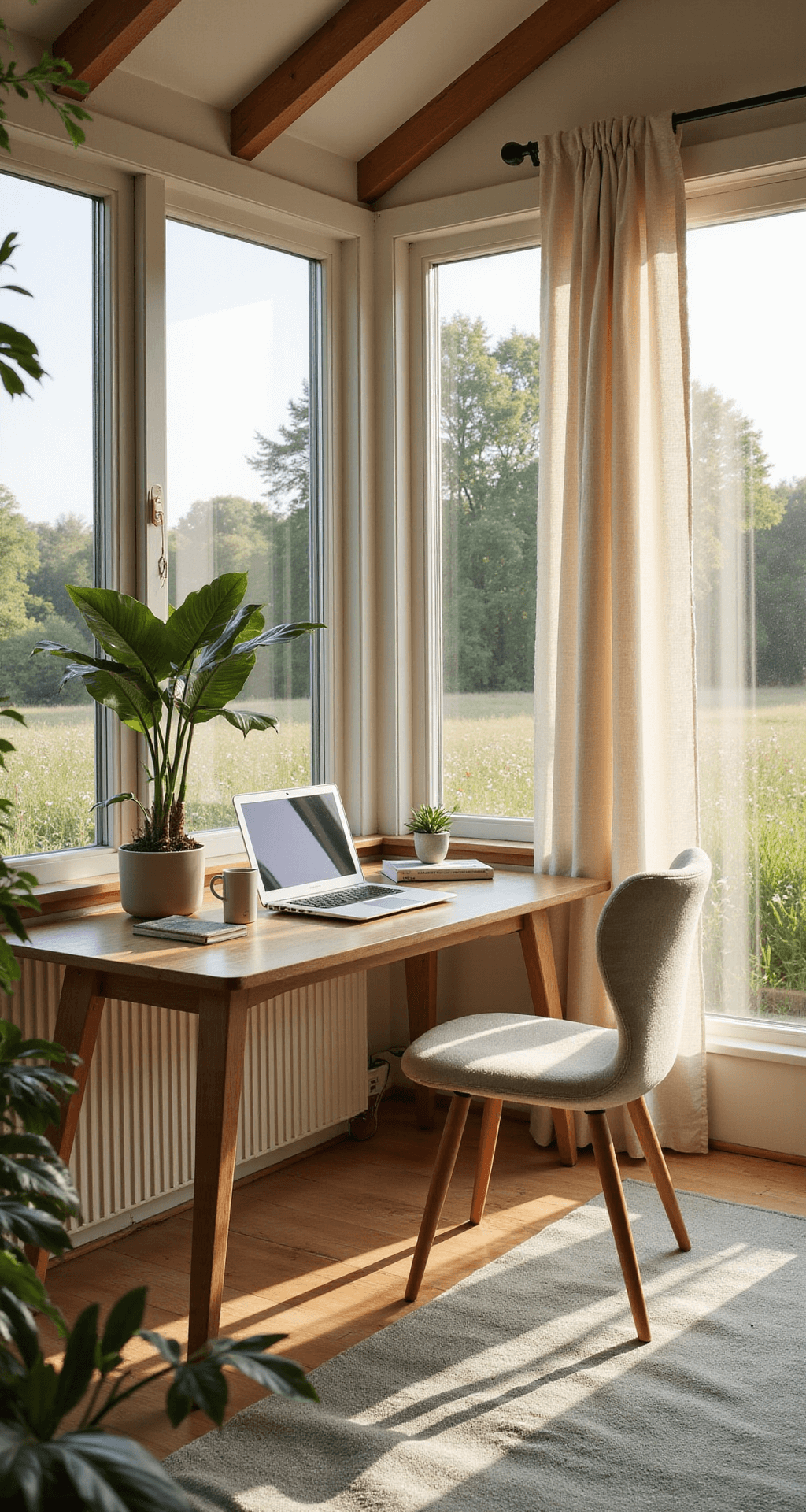 Gardens with a Summer House: Your Ultimate Retreat Guide A tranquil home office in a modern summer house features floor-to-ceiling windows overlooking a wildflower meadow, with Scandinavian-style decor, light oak floors, and minimal furnishings, bathed in golden hour sunlight.
