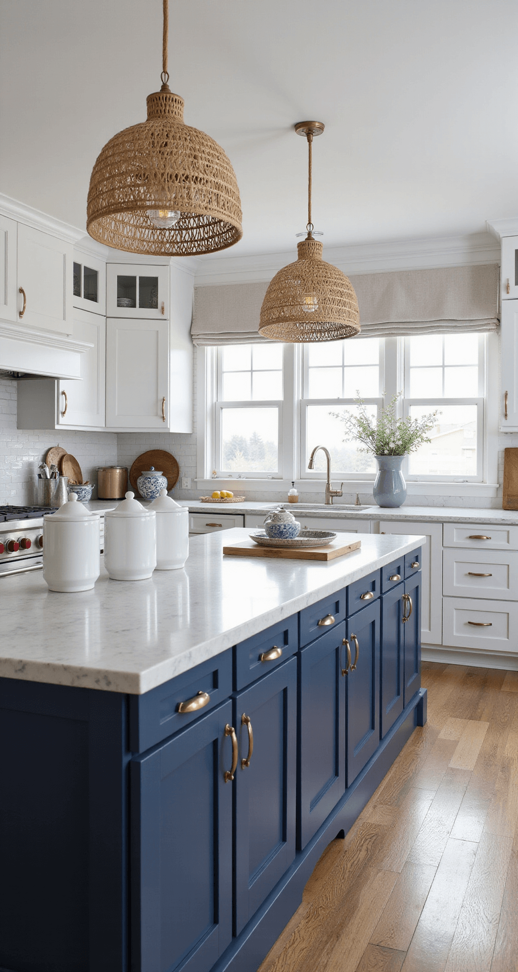 Navy Blue Kitchen Cabinets: Transform Your Space with Bold Elegance Coastal-inspired L-shaped kitchen featuring navy blue lower cabinets and white glass-front upper cabinets, illuminated by morning light. The kitchen showcases brushed nickel hardware, a white shiplap backsplash, and marble-look quartz countertops. Natural woven pendant lights hang above the island, while decor includes white ceramic canisters, blue-and-white chinoiserie, and seagrass baskets, all complementing the maritime navy and cloud white color palette.