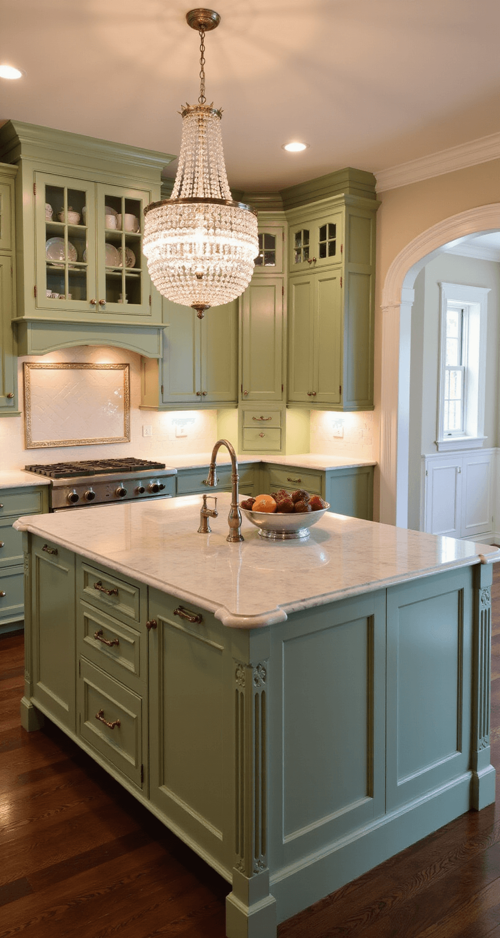Sage Green Kitchen Cabinets: Your Ultimate Design Guide A traditional 11x13ft kitchen at twilight featuring sage green inset cabinets, ivory walls, and a crystal chandelier above a marble island, with glass-front upper cabinets showcasing heirloom china, polished nickel hardware, and elegant architectural details, creating an intimate atmosphere.