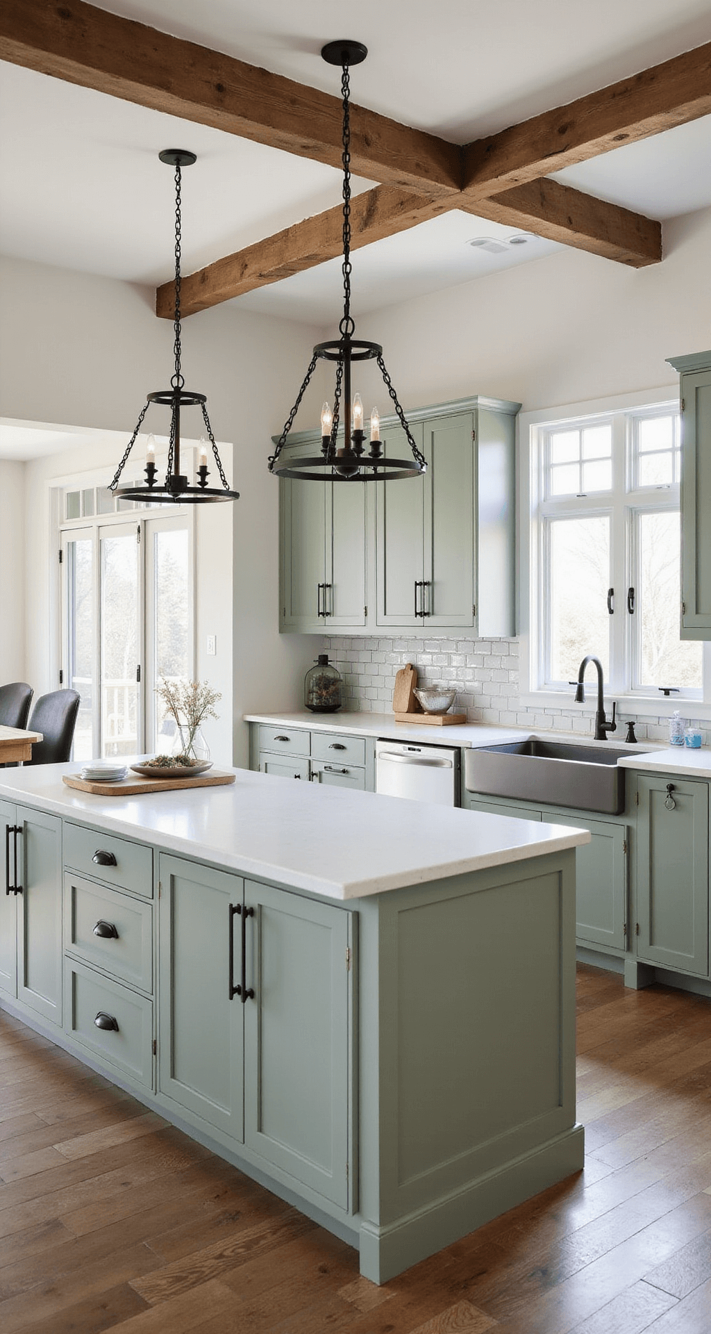Sage Green Kitchen Cabinets: Your Ultimate Design Guide A bright and airy modern farmhouse kitchen featuring sage green shaker cabinets with black iron hardware, a massive island with a white quartz top, wrought iron pendant lights, exposed wooden beams, and a subway tile backsplash with dark grout, captured from the dining room entrance.