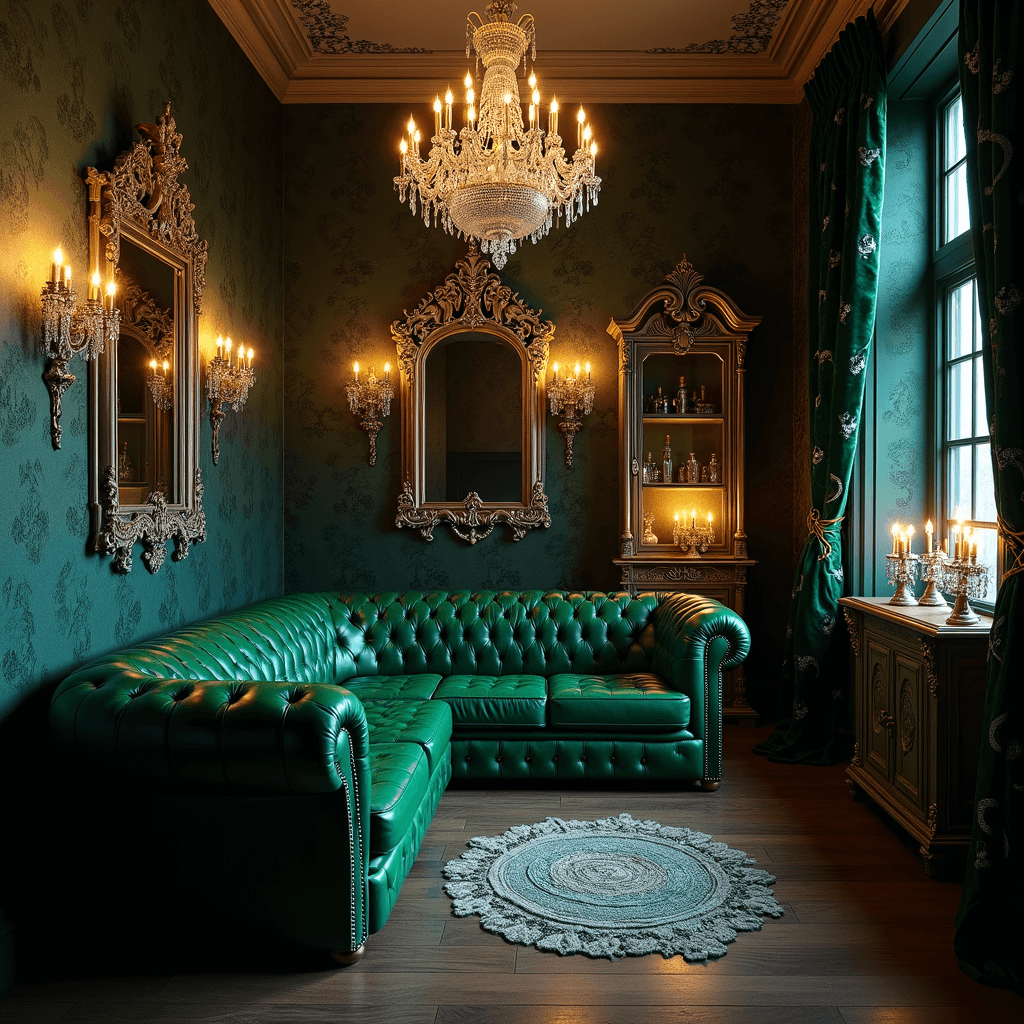 Magical Makeover: Creating the Ultimate Harry Potter Bedroom Interior of a Slytherin prefect's chamber at midnight, showcasing an emerald green tufted leather Chesterfield sofa against serpent-pattern wallpaper, illuminated by a crystal chandelier and reflective silver-framed mirrors, with vintage potions cabinet and black velvet curtains embroidered with silver serpents, captured from a corner angle to highlight dramatic lighting and moody atmosphere.