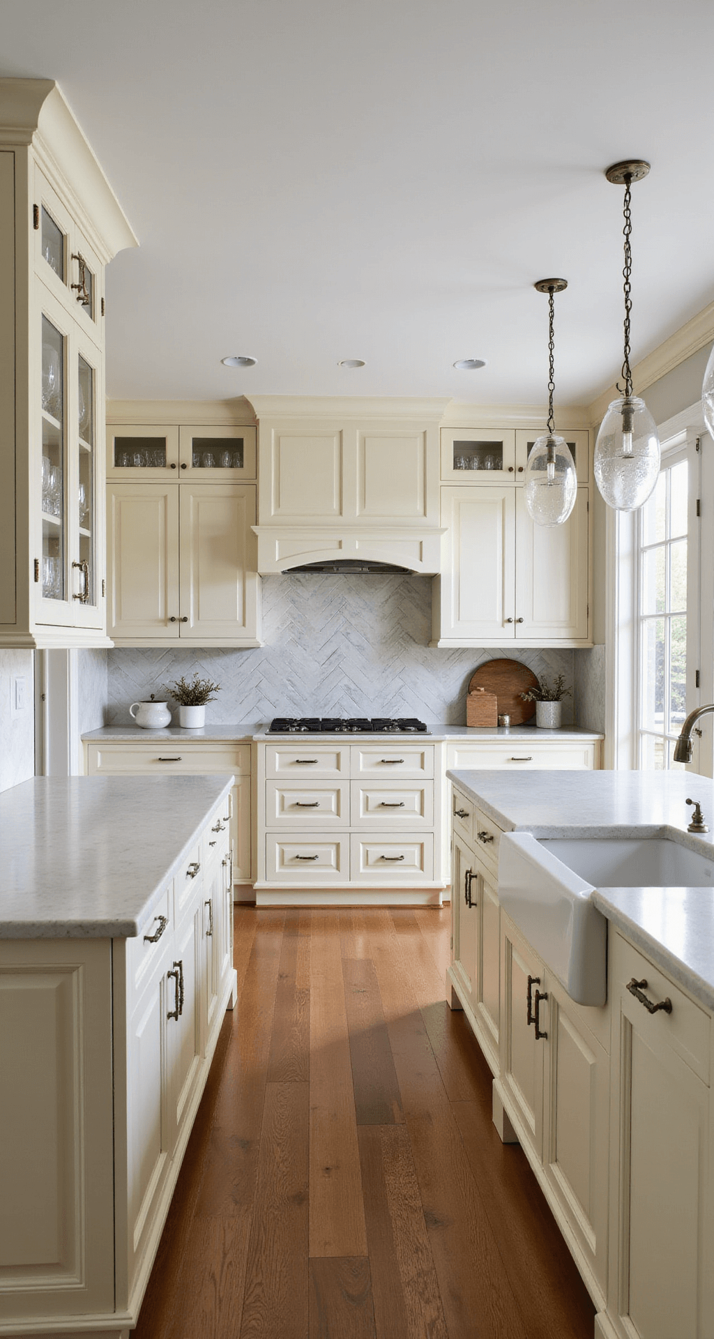 The Timeless Appeal of Beige Kitchen Cabinets: A Design Lover's Guide Wide-angle view of a transitional kitchen with warm cream cabinets, brushed nickel hardware, and white quartz countertops, featuring glass-front upper cabinets, a central island with beadboard detail, antiqued mirror panels, and a herringbone marble backsplash, illuminated by recessed lights.