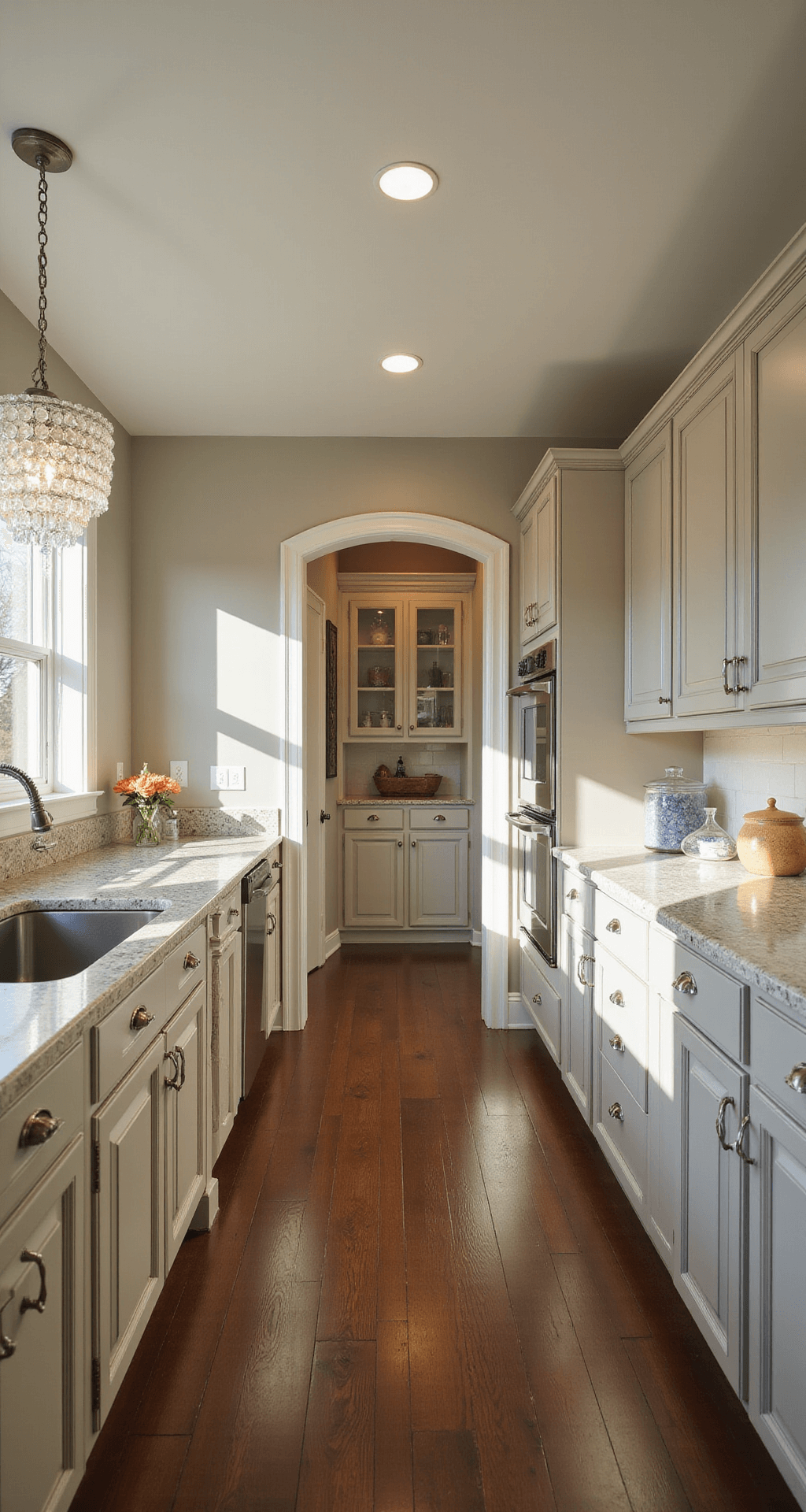 The Timeless Appeal of Beige Kitchen Cabinets: A Design Lover's Guide Eye-level view of a traditional kitchen showcasing beige-gray cabinets with raised panels, polished chrome hardware, and granite countertops in 'White Spring', illuminated by afternoon sunlight; a crystal chandelier above the island casts light patterns, with a butler's pantry visible through an archway.