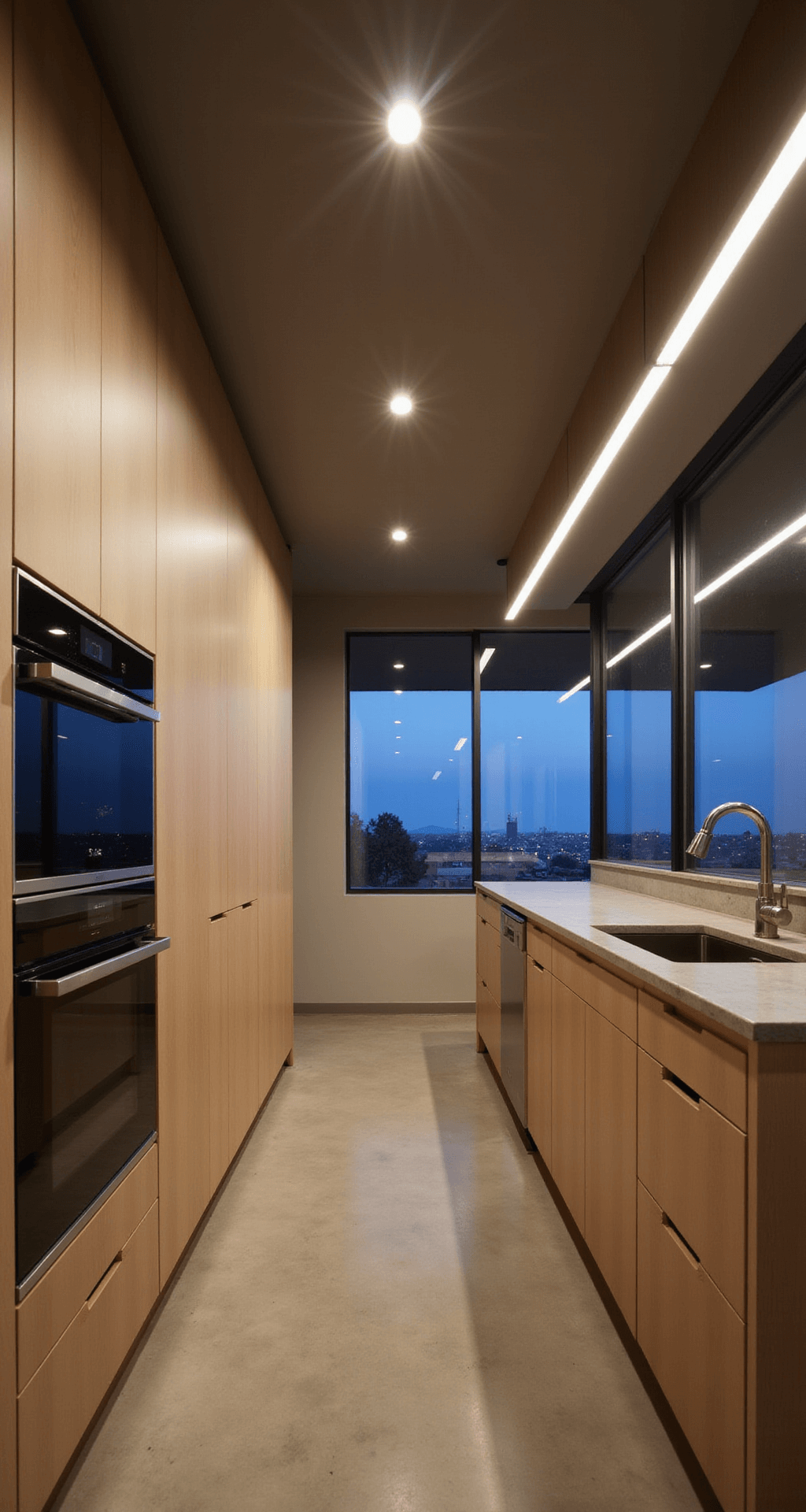 The Timeless Appeal of Beige Kitchen Cabinets: A Design Lover's Guide Minimalist kitchen at twilight featuring sleek beige cabinets and concrete countertops, illuminated by dramatic linear LED lighting, with reflections of city lights visible in floor-to-ceiling windows and stainless steel appliances enhancing the industrial aesthetic.