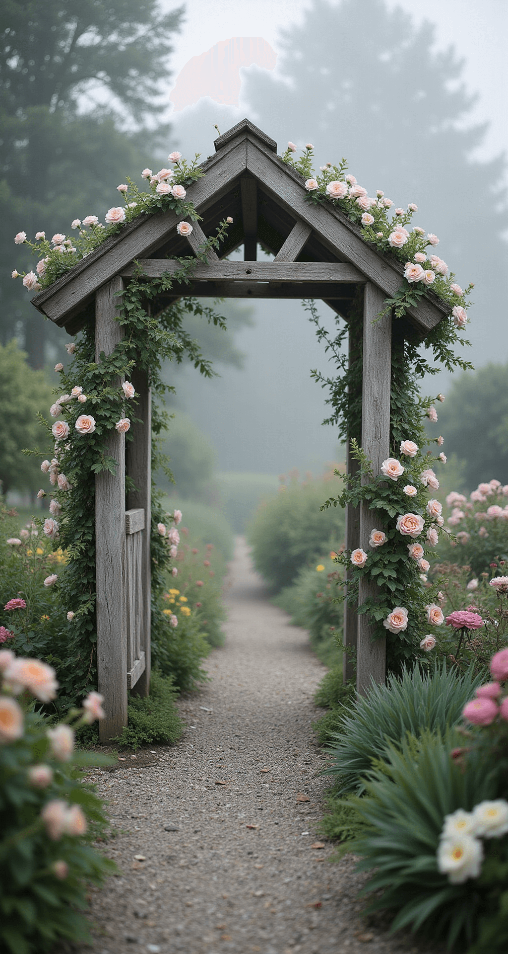 Garden Arches: Transform Your Outdoor Space into a Magical Retreat Intimate cottage garden scene featuring a 7-foot weathered wooden arch covered in pink roses and white sweet peas, surrounded by pastel perennials, captured in early morning mist with diffused light creating a romantic vintage atmosphere.