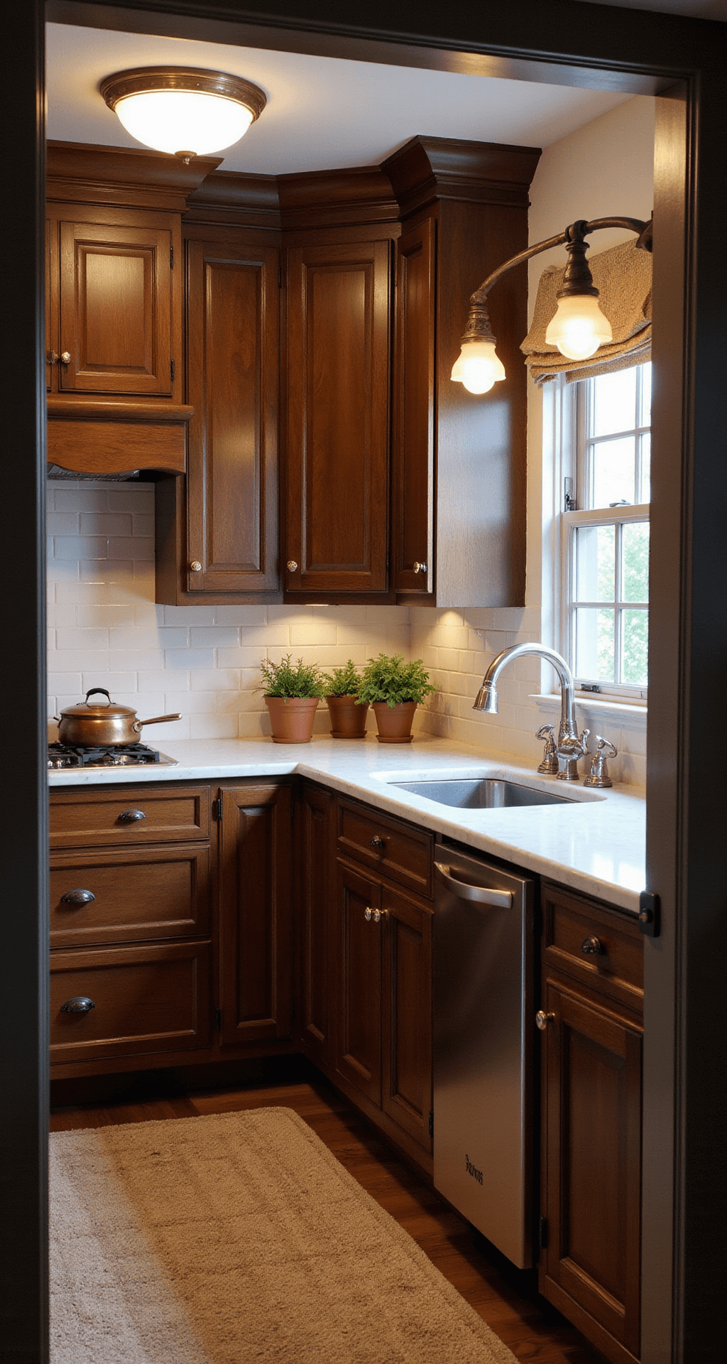 Walnut Kitchen Cabinets: Transforming Your Kitchen with Timeless Elegance and Warmth A cozy traditional kitchen in the morning blue hour, featuring walnut Shaker-style cabinets, cream marble countertops, and a subway tile backsplash, illuminated by natural light and vintage pendant lights. Copper cookware and fresh herbs in terracotta pots add warmth to the space.