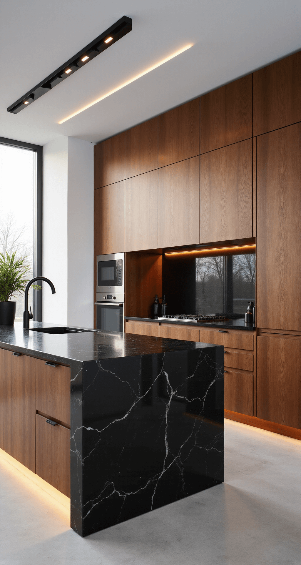 Walnut Kitchen Cabinets: Transforming Your Kitchen with Timeless Elegance and Warmth Contemporary open-concept kitchen featuring frameless walnut cabinets, a dramatic black granite waterfall island, and atmospheric LED strip lighting, styled with black ceramics and greenery, captured at golden hour from an elevated angle.