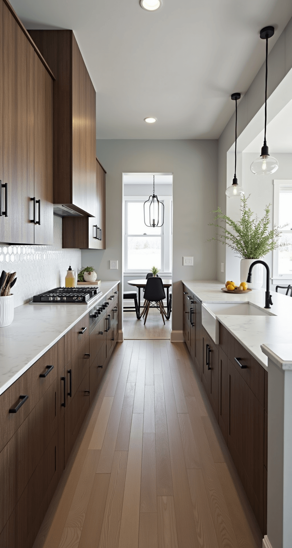 Walnut Kitchen Cabinets: Transforming Your Kitchen with Timeless Elegance and Warmth Bright and welcoming transitional galley kitchen featuring textured walnut cabinets with matte black hardware, light gray walls, and a marble hexagon backsplash, illuminated by soft midday light and recessed lighting, styled with white ceramics and potted herbs.