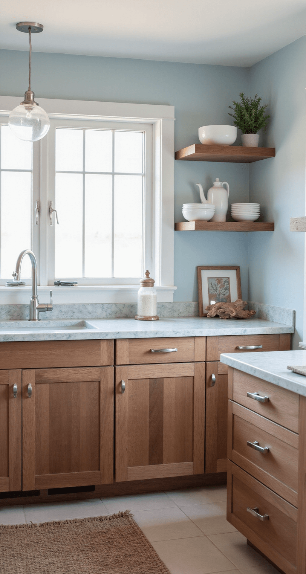 Walnut Kitchen Cabinets: Transforming Your Kitchen with Timeless Elegance and Warmth A coastal modern kitchen featuring walnut cabinets, white oak accents, and polished nickel handles, set against pale blue walls. Quartzite countertops reflect beach tones. The scene is infused with morning light, accented by glass globe pendant lights, and styled with white ceramics and driftwood for a breezy, refined atmosphere.