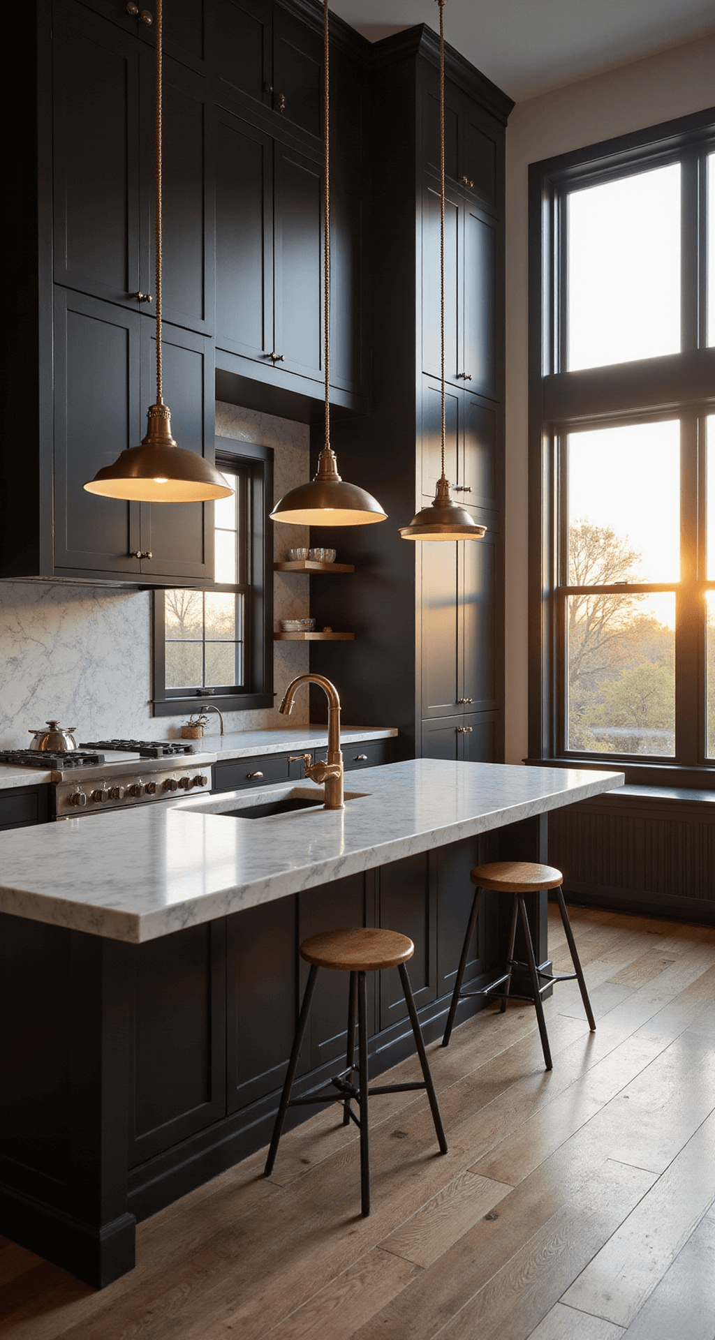 Dark Kitchen Cabinets: Transforming Your Space with Luxury and Drama A spacious kitchen with 10ft ceilings, featuring black shaker cabinets, white marble countertops, and an 8ft island, illuminated by warm golden hour sunlight through west-facing windows, showcasing dramatic shadows and a moody atmosphere.