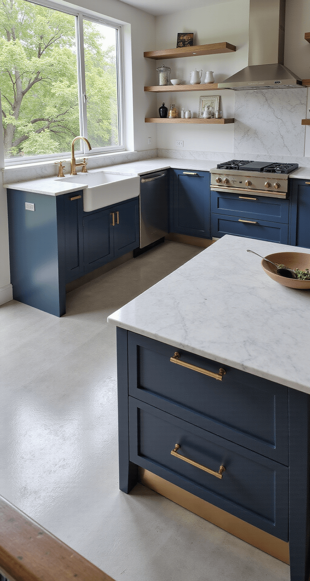 Dark Kitchen Cabinets: Transforming Your Space with Luxury and Drama An overhead view of a contemporary open-concept kitchen with navy blue flat-panel cabinets, a white Calacatta marble waterfall island, and white oak open shelving. Floor-to-ceiling windows allow diffused afternoon light, while brushed gold fixtures add warmth, showcasing the spatial flow and color blocking in the design.