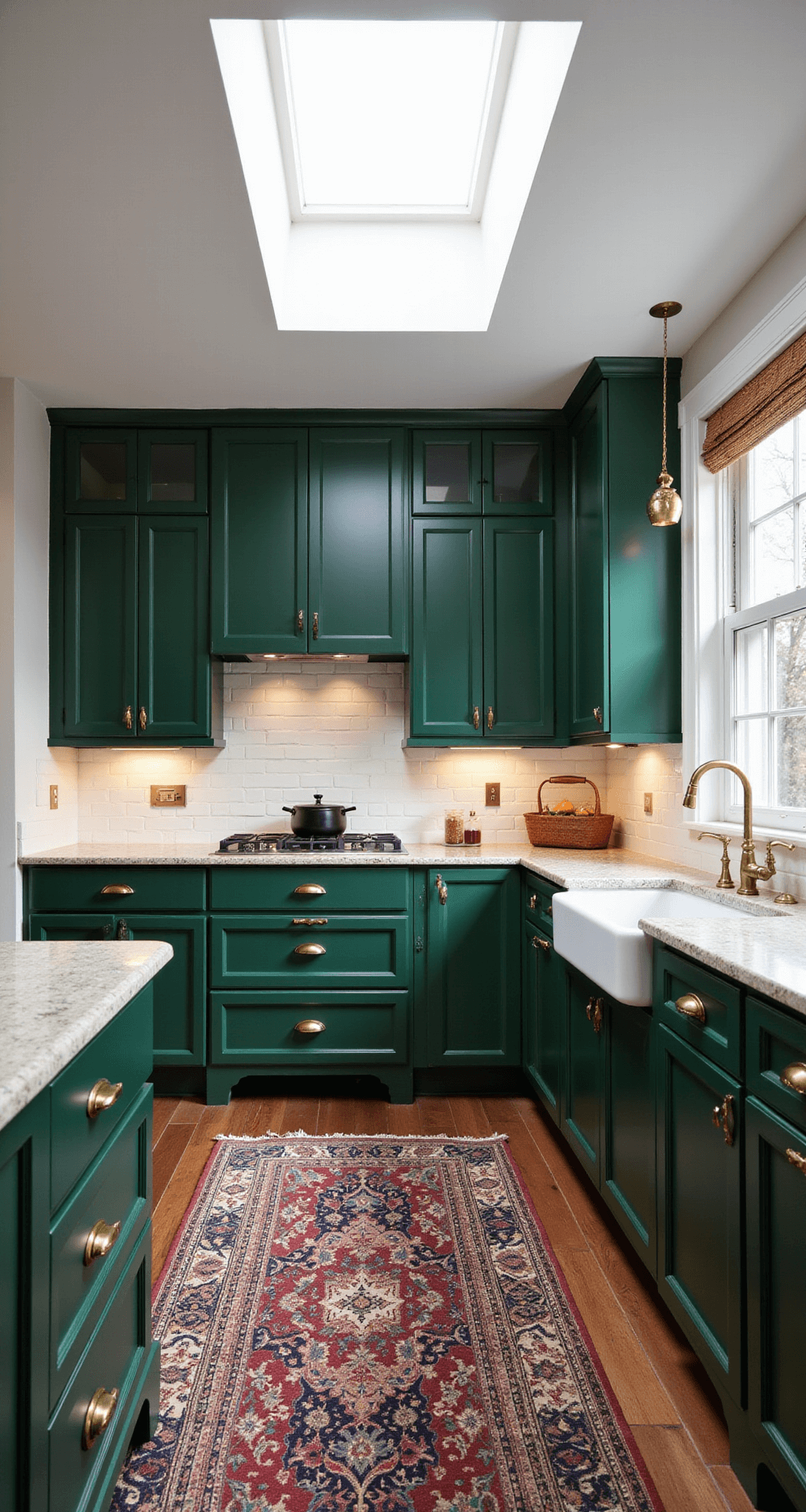 Dark Kitchen Cabinets: Transforming Your Space with Luxury and Drama L-shaped kitchen featuring forest green raised panel cabinets, a skylight illuminating unlacquered brass hardware, soapstone countertops, white subway tile backsplash, and a vintage Persian rug, captured from a corner angle for depth.