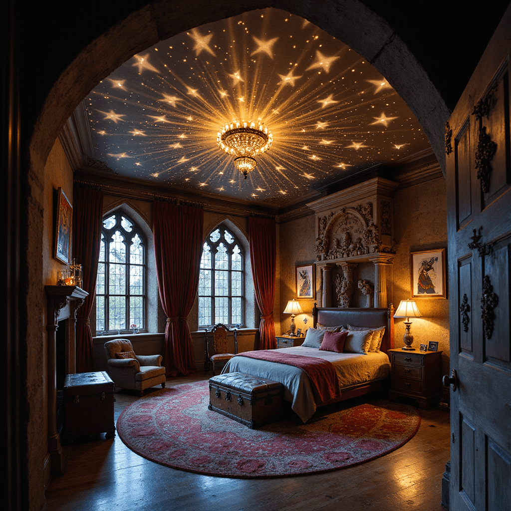 Magical Makeover: Creating the Ultimate Harry Potter Bedroom A twilight Great Hall-inspired bedroom featuring a projected starry ceiling, Gothic-arched stained glass windows, a carved stone fireplace with magical creatures, a four-poster bed draped in house banners, ancient trunks, and leather chairs, all illuminated by dramatic uplighting and candle glow.