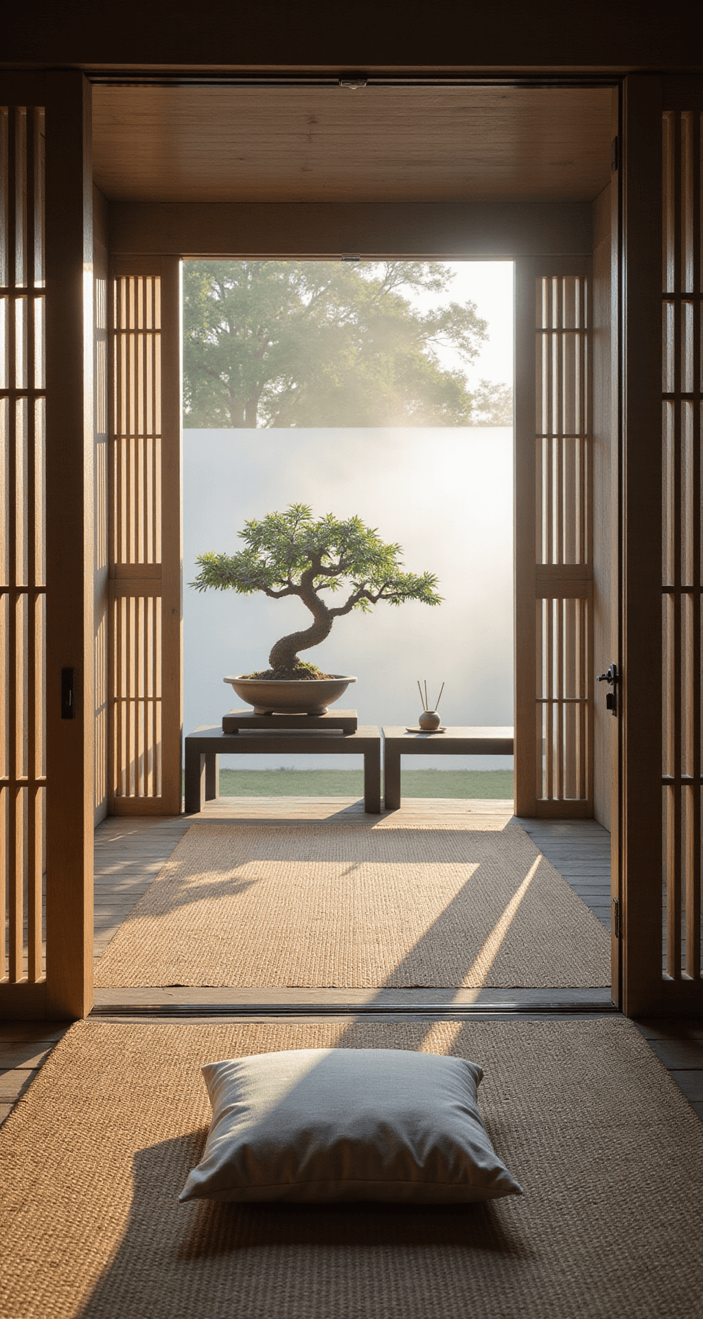 Gardens with a Summer House: Your Ultimate Retreat Guide Minimalist summer house at dawn, featuring a 10x10ft cube structure with Japanese sliding screens, morning light casting shadows, a central platform with tatami mats and a large linen cushion, bonsai on a floating shelf, and an incense holder, all set against a garden mist with a low camera angle highlighting zen simplicity.