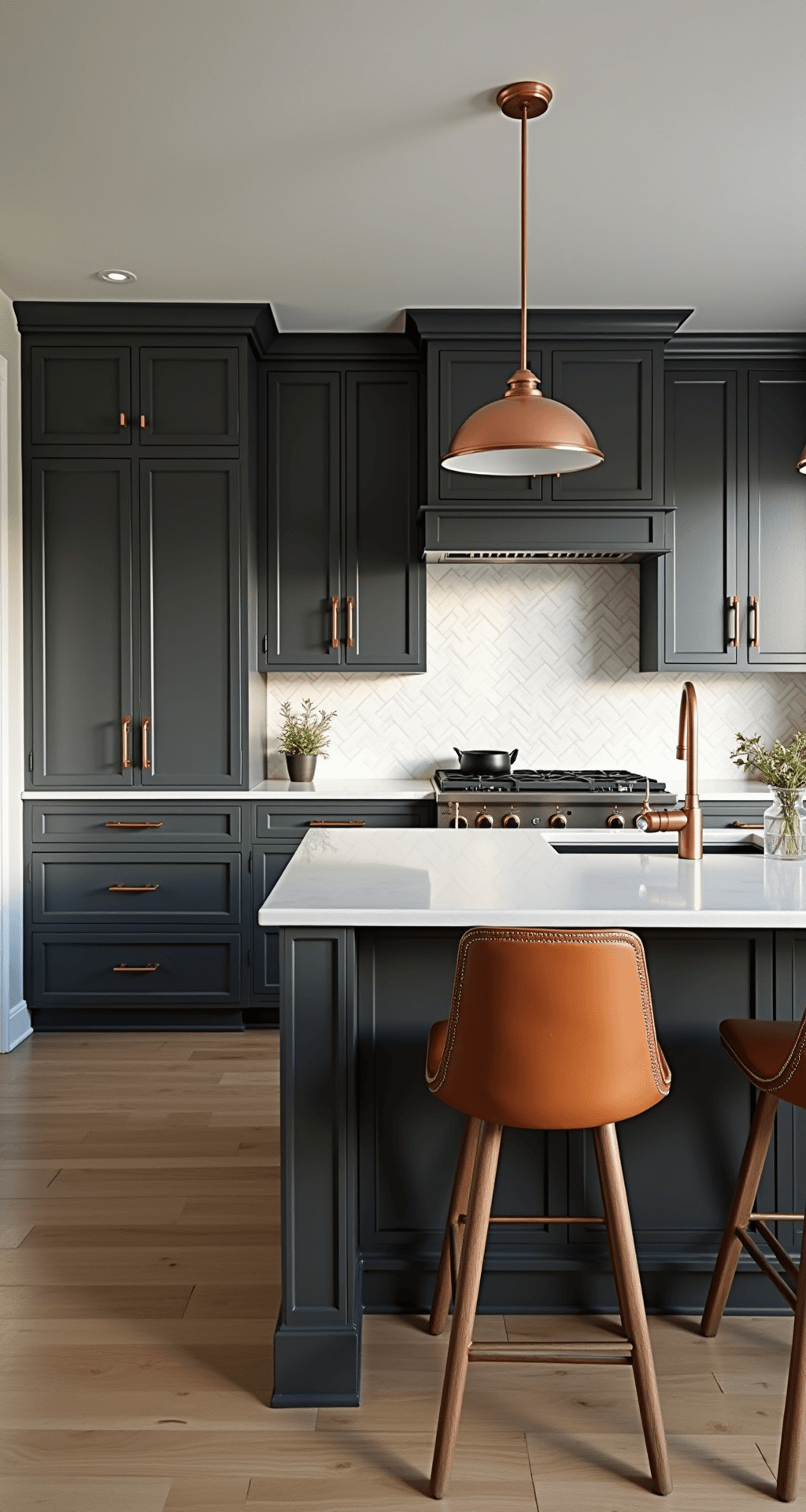 Dark Kitchen Cabinets: Transforming Your Space with Luxury and Drama Modern farmhouse kitchen featuring charcoal gray Shaker cabinets, a white oak island with leather barstools, and a marble herringbone backsplash. Dramatic early morning light casts shadows, highlighting copper pendant lights and hardware against dark cabinetry, with an emphasis on the 9ft tray ceiling.