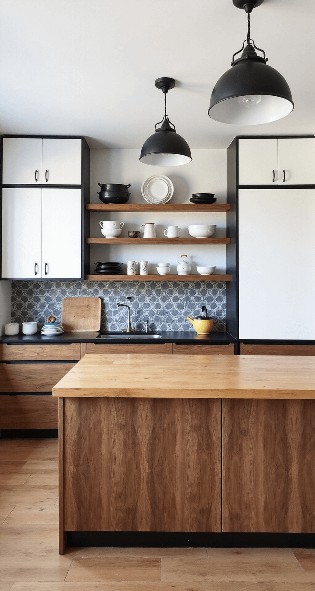 Modular Kitchen Cabinets: Your Ultimate Guide to Flexible, Stylish Storage A bright, midday view of a mid-century modern kitchen featuring walnut lower cabinets and white upper cabinets with black frames, a butcher block center island, and a grey and white geometric tile backsplash, complemented by schoolhouse pendant lights and floating shelves displaying vintage kitchenware.