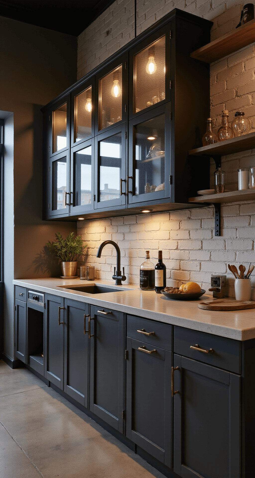 Modular Kitchen Cabinets: Your Ultimate Guide to Flexible, Stylish Storage A low-angle view of an industrial-style kitchen at night, featuring tall graphite grey cabinets, frosted glass upper cabinets with black steel frames, and concrete countertops. The space is illuminated by warm Edison bulbs, with an exposed brick wall and metal shelving, showcasing a palette of charcoal, concrete grey, and warm brass accents, highlighting dramatic shadows.