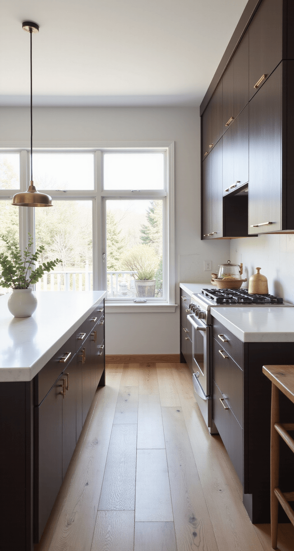 Brown Kitchen Cabinets: The Ultimate Guide to Warmth and Style Modern minimalist kitchen featuring floor-to-ceiling windows, espresso brown cabinets, white quartz countertops, brass hardware, and white oak flooring, shot from a low angle with minimal styling.