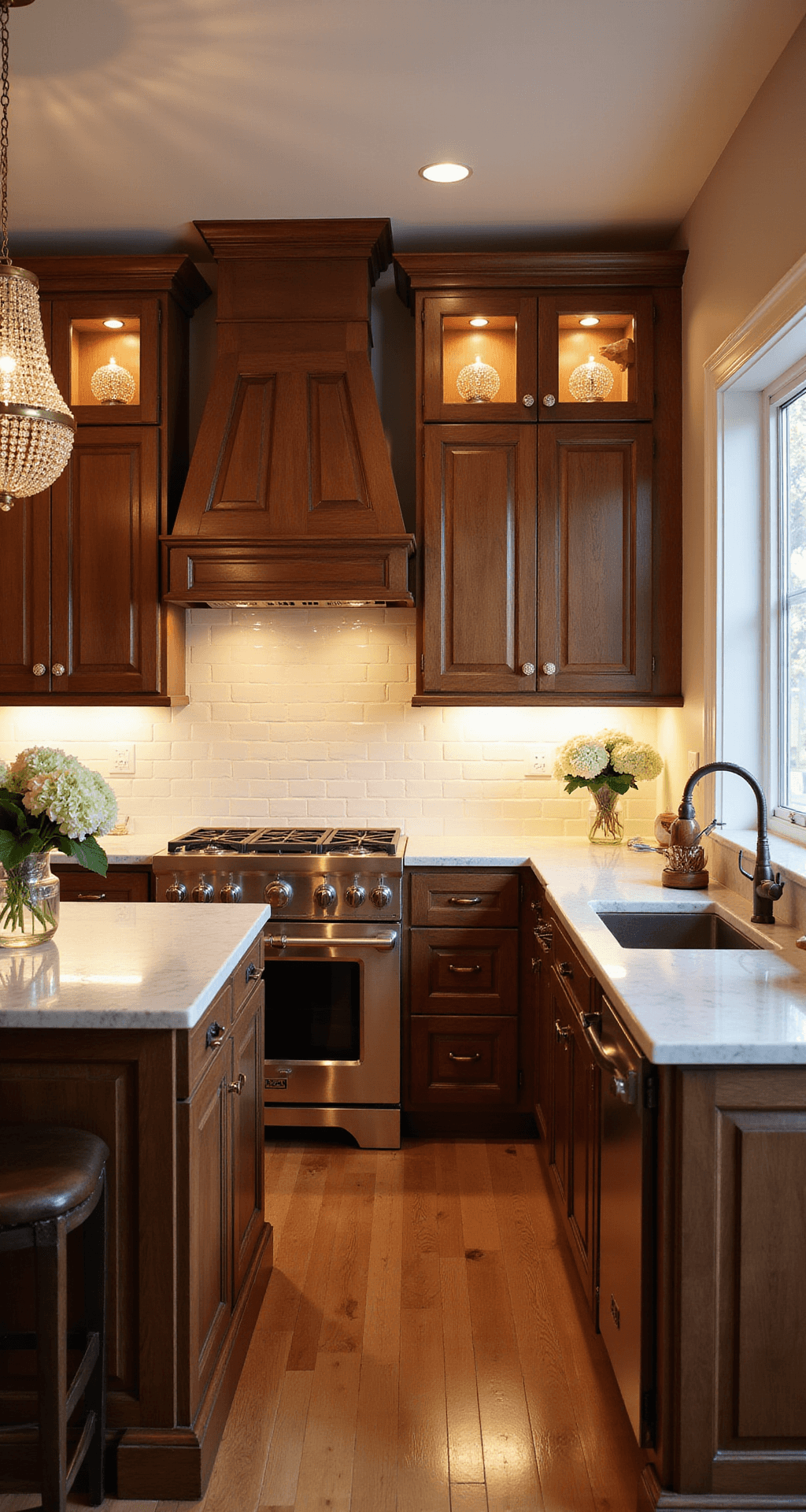 Brown Kitchen Cabinets: The Ultimate Guide to Warmth and Style A warm, intimate kitchen featuring rich walnut cabinets, Carrara marble counters, and a crystal chandelier, highlighted by pendant lighting and fresh hydrangeas in mercury glass at golden hour.
