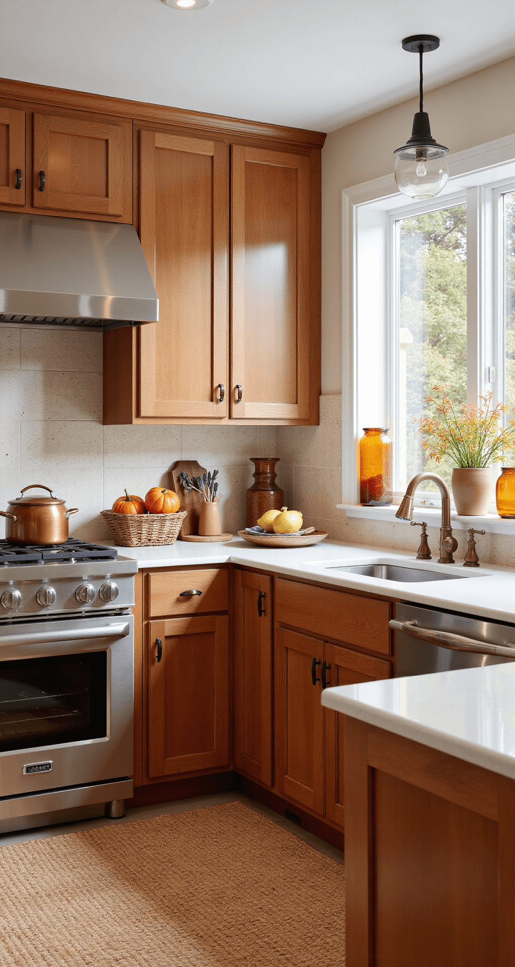 Brown Kitchen Cabinets: The Ultimate Guide to Warmth and Style Transitional autumn kitchen featuring medium-brown maple cabinets with copper handles, burnt orange accents, white counters, and a natural stone backsplash, illuminated by morning light. Styled with copper cookware, amber glass vessels, and fall foliage arrangements.