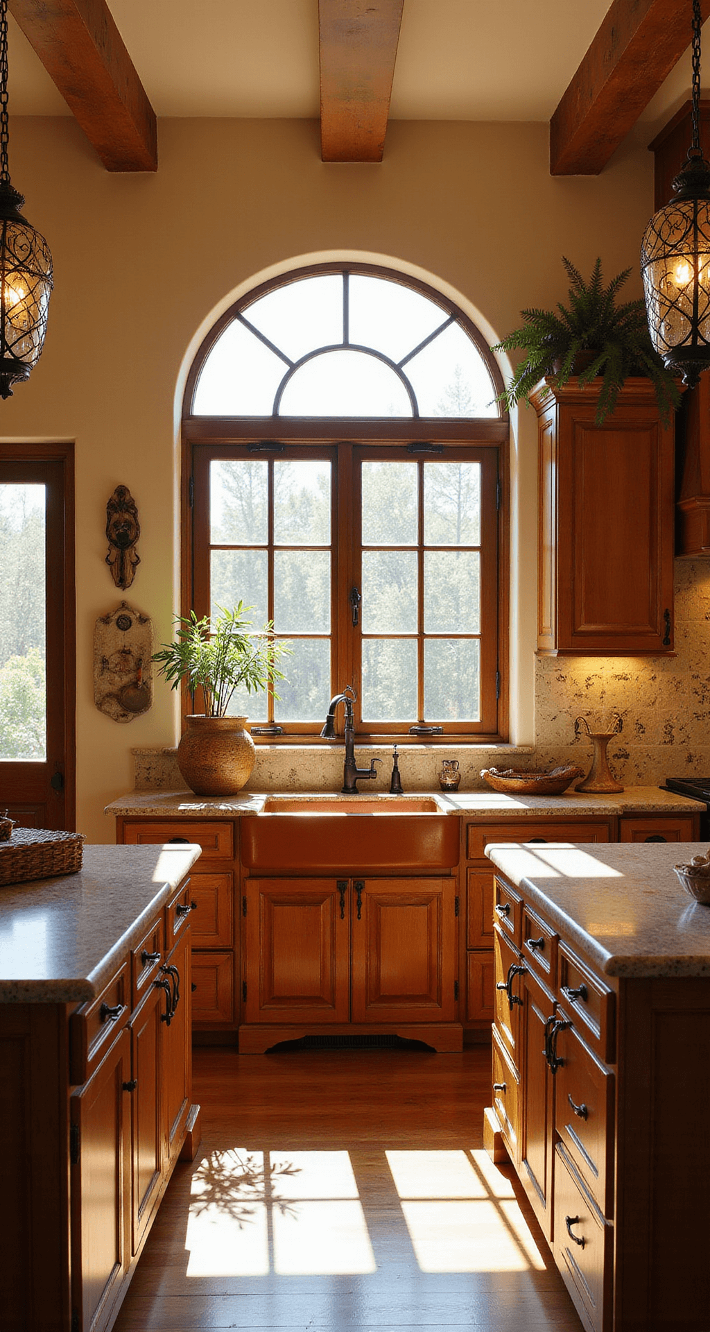 Brown Kitchen Cabinets: The Ultimate Guide to Warmth and Style A sun-drenched Mediterranean kitchen with arched windows, featuring rustic alder cabinets, terra cotta counters, and a hand-painted tile backsplash, styled with olive branches, woven baskets, and vintage copper, illuminated by wrought iron pendant lights at golden hour.