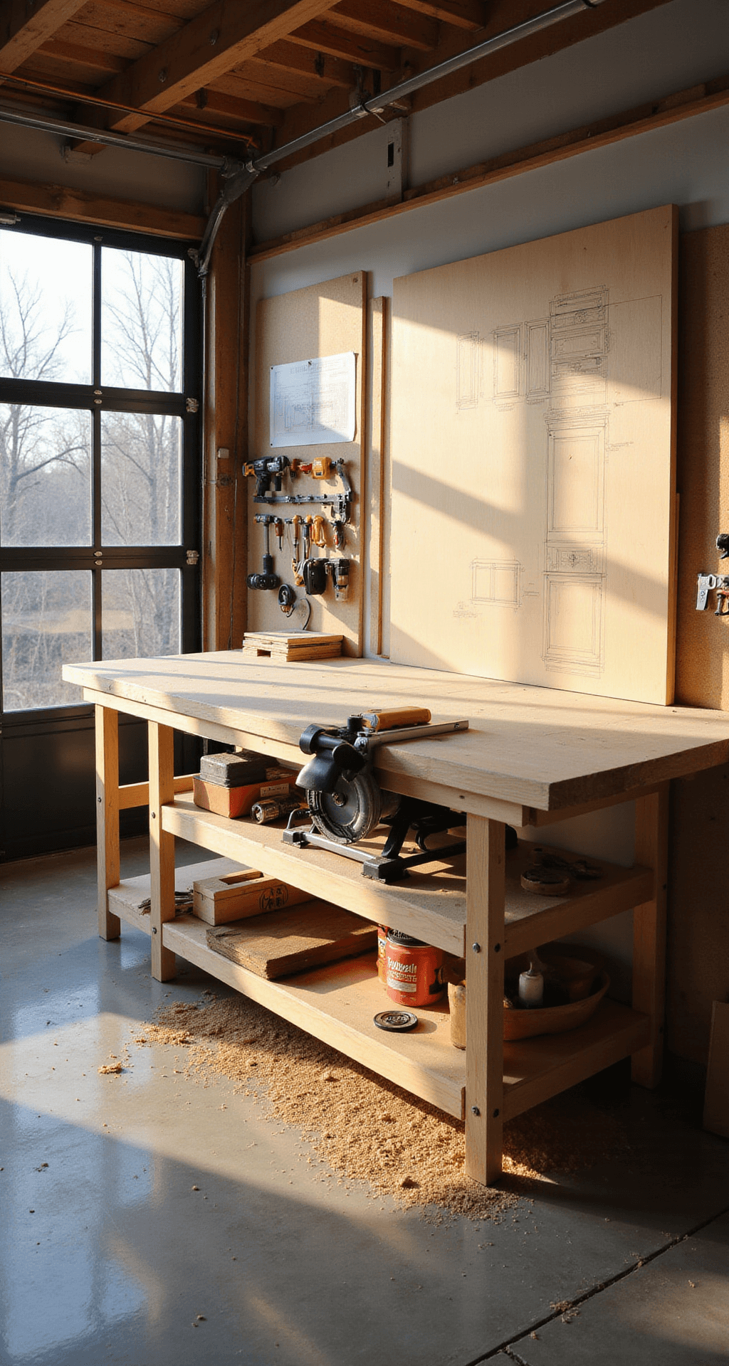 DIY Kitchen Cabinets: Transform Your Space Without Breaking the Bank Bright, modern DIY workshop in a spacious two-car garage, featuring a central workbench with tools, organized tool wall, and morning light illuminating fresh plywood sheets and cabinet plans on a cork board, with cool gray concrete floors and warm wood tones.