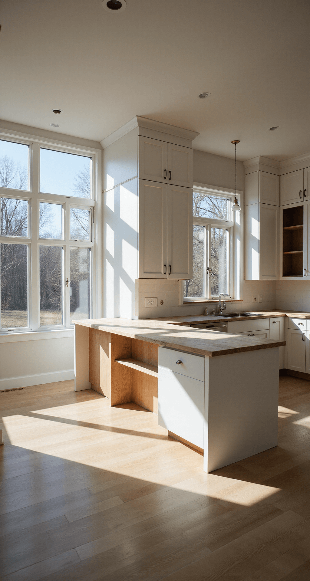 DIY Kitchen Cabinets: Transform Your Space Without Breaking the Bank A mid-renovation contemporary kitchen measuring 12'x15', with 9' ceilings, showcasing partially completed modern slab-style cabinets painted in Benjamin Moore 'Simply White'. Late afternoon sunlight casts long shadows through west-facing windows, emphasizing the in-progress center island installation with clamps still attached and visible pocket holes on one cabinet frame. The image is captured from a corner perspective, highlighting the room's depth and dramatic side lighting.