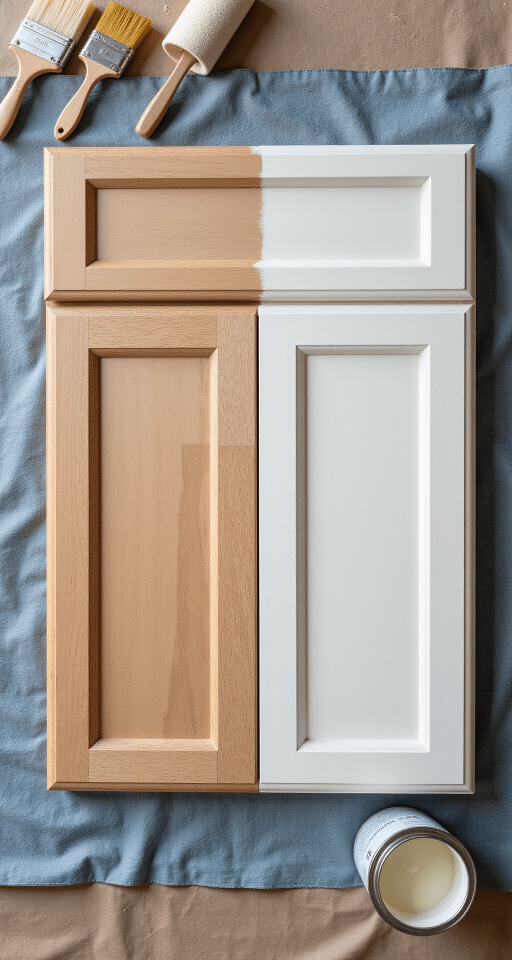 DIY Kitchen Cabinets: Transform Your Space Without Breaking the Bank Close-up of a cabinet door on a padded workstation, showcasing the finishing process with the left side in sanded wood and the right side with a smooth primer coat, surrounded by professional painting supplies.