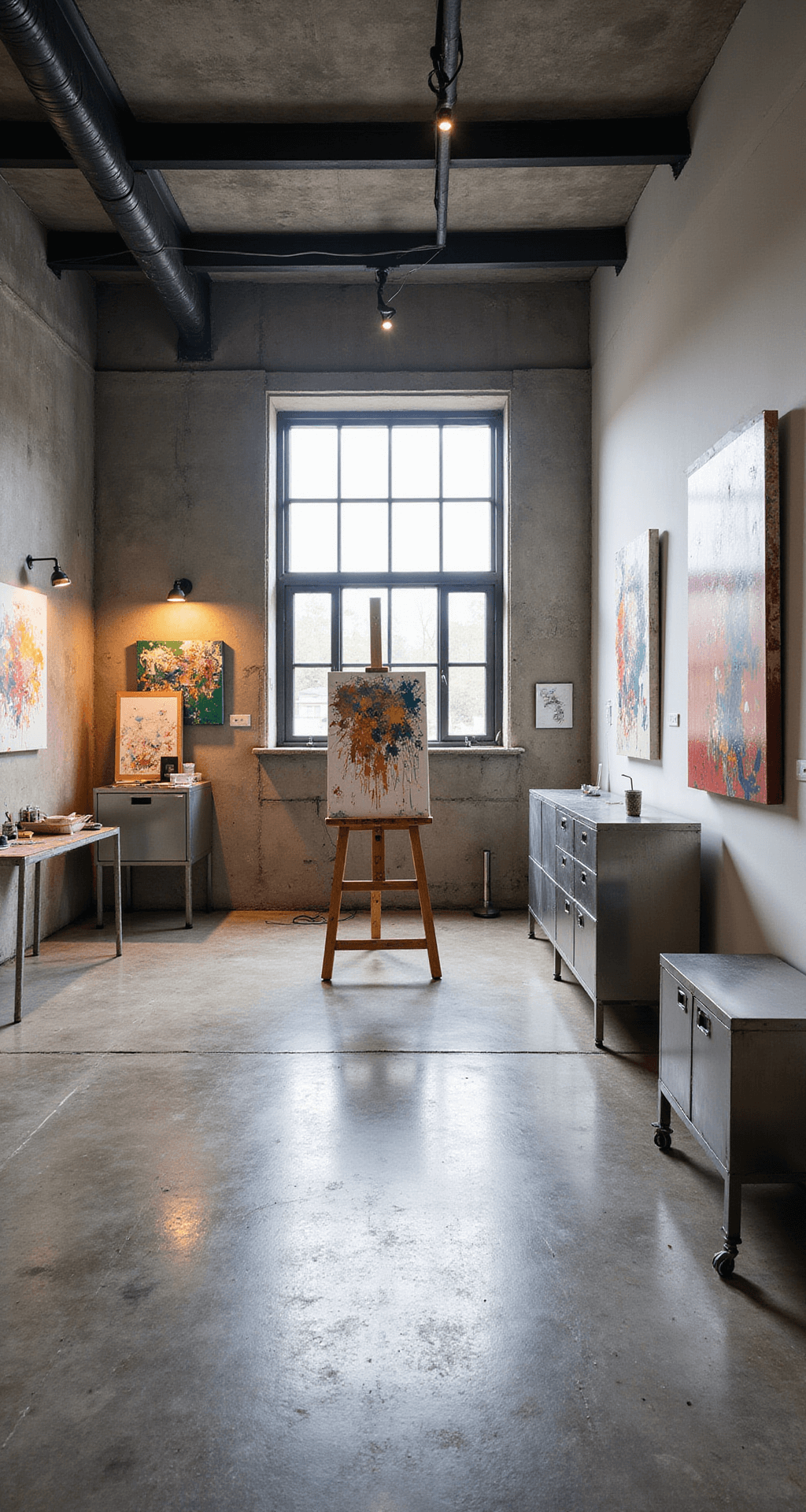 Gardens with a Summer House: Your Ultimate Retreat Guide A modern artist's studio featuring a polished concrete floor, metal-framed windows, and a double-height ceiling with exposed beams. In the center, a paint-splattered easel is positioned before a north-facing window, surrounded by a gallery wall of abstract canvases and brushed steel industrial storage units, all illuminated by natural light and directional LED spots. The color scheme includes concrete grey, crisp white, and black steel, accented by vibrant artistic colors.