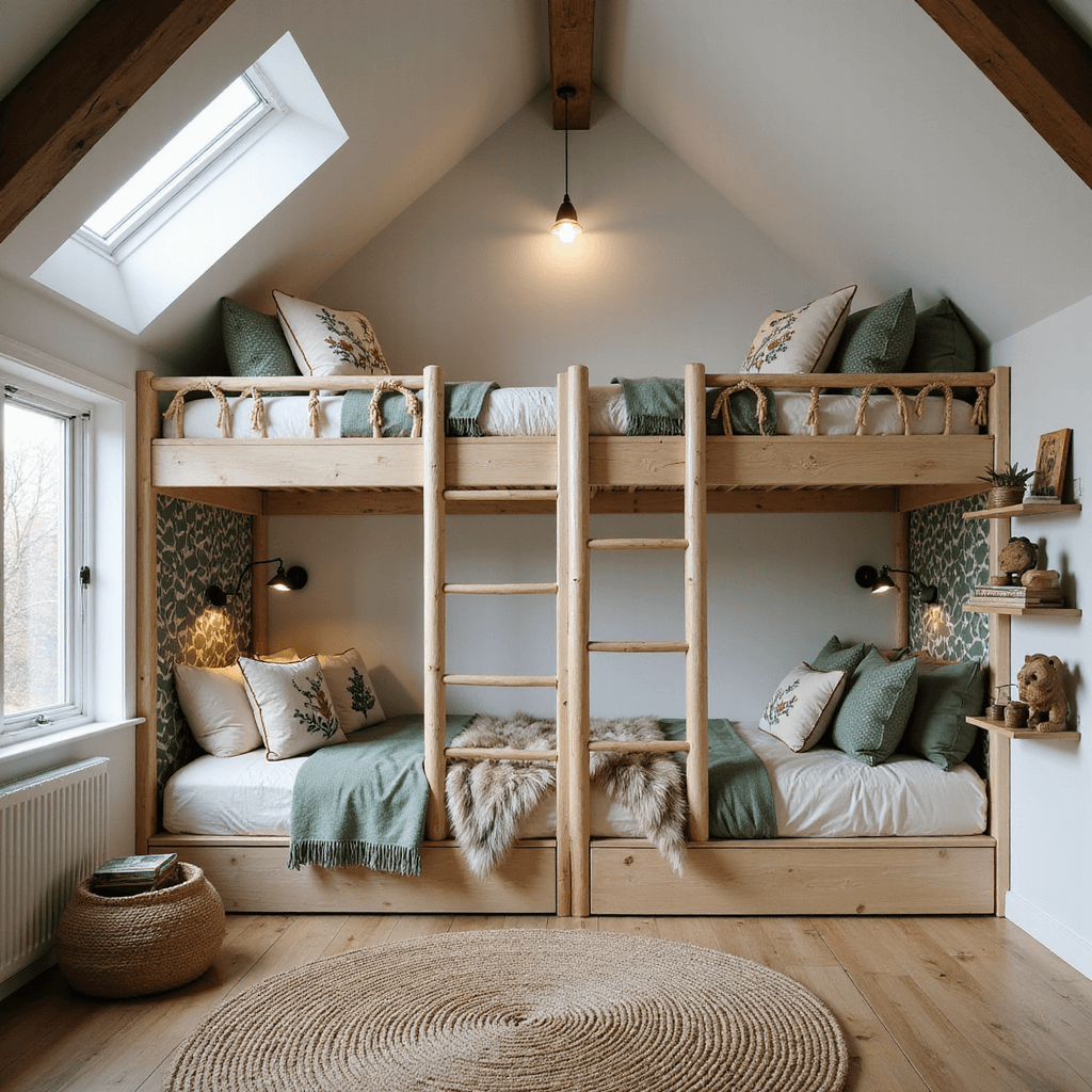 Grandkids Bunk Room: Creating the Ultimate Sleepover Haven A whimsical woodland-themed room with built-in twin bunks, leaf-pattern wallpaper, and vaulted ceilings. Morning light pours through dormer windows, highlighting forest green and cream bedding with faux fur throws and embroidered pillows. The room features a round braided wool rug, floating shelves with vintage books and wooden animals, and natural wood accents.
