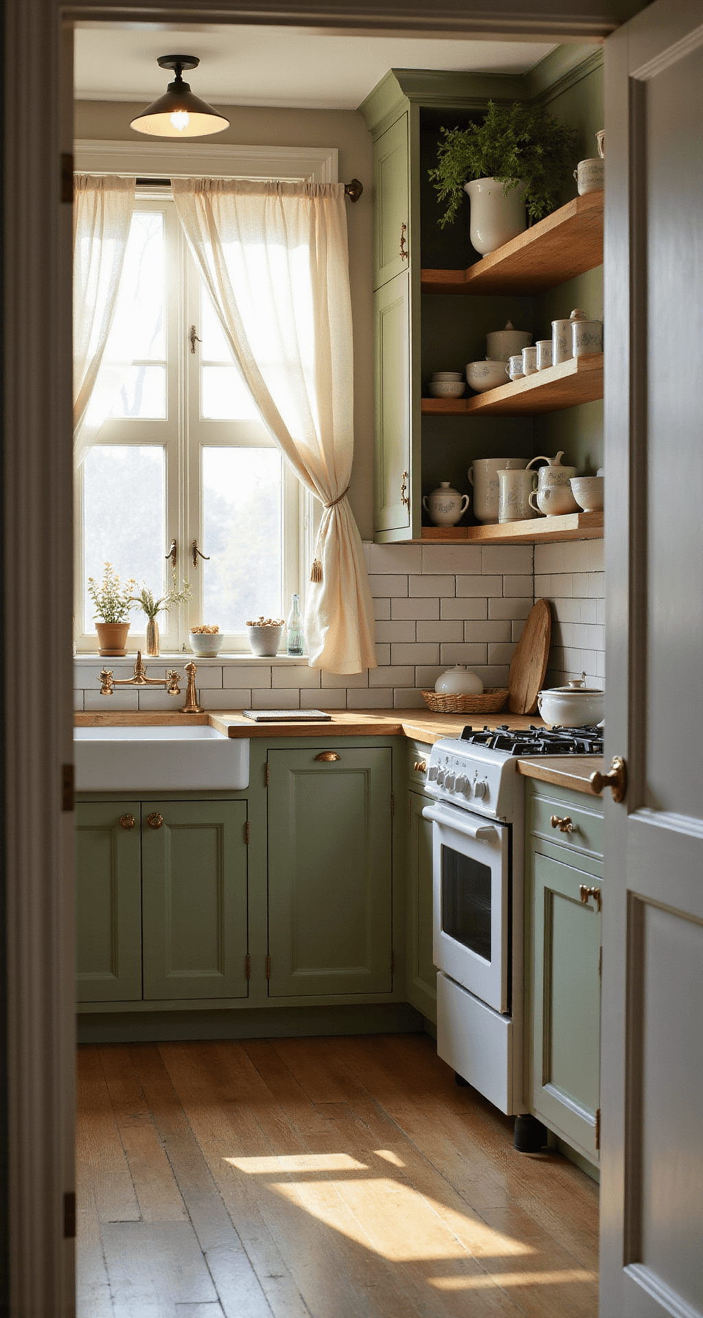 DIY Kitchen Cabinets: Transform Your Space Without Breaking the Bank A wide-angle view of a farmhouse-style kitchen featuring sage green Shaker cabinets with brass hardware, vintage ceramics on open shelves, and a warm golden hour glow illuminating the subway tile backsplash, captured from the doorway entrance.