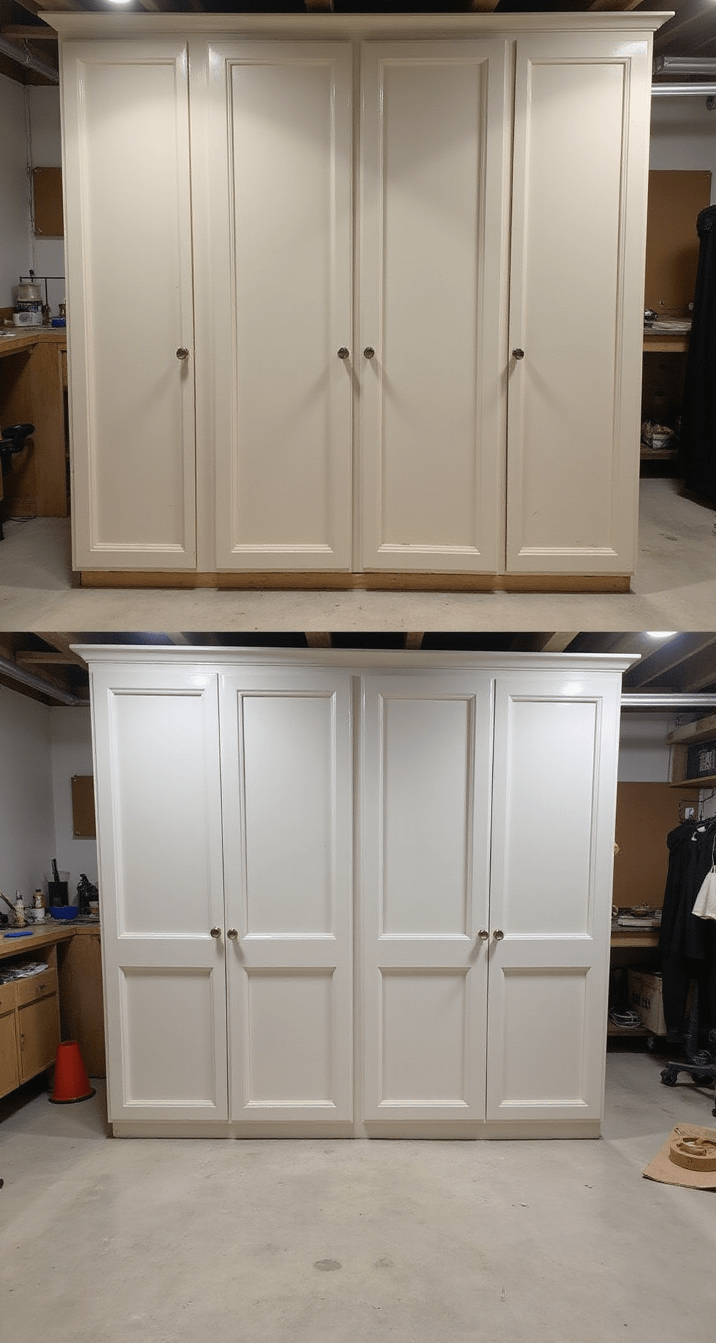 DIY Kitchen Cabinets: Transform Your Space Without Breaking the Bank A split-screen image of a home workshop, with the left side displaying common DIY cabinet mistakes like misaligned doors and uneven paint, and the right side showcasing professional-quality cabinetry. Strong directional lighting emphasizes the contrast, captured straight-on at f/8 for sharp detail against a neutral background.