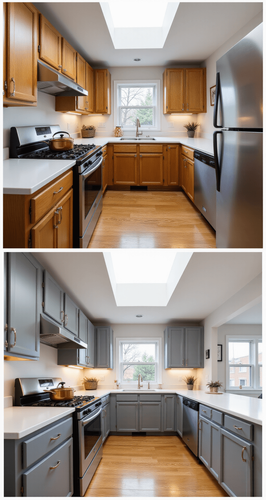 DIY Kitchen Cabinets: Transform Your Space Without Breaking the Bank Before and after kitchen transformation showcasing dated oak cabinets on the left and a modern overhaul with sleek gray cabinets on the right, featuring natural light from a skylight and under-cabinet LED lighting, styled with copper cookware and minimalist decor.