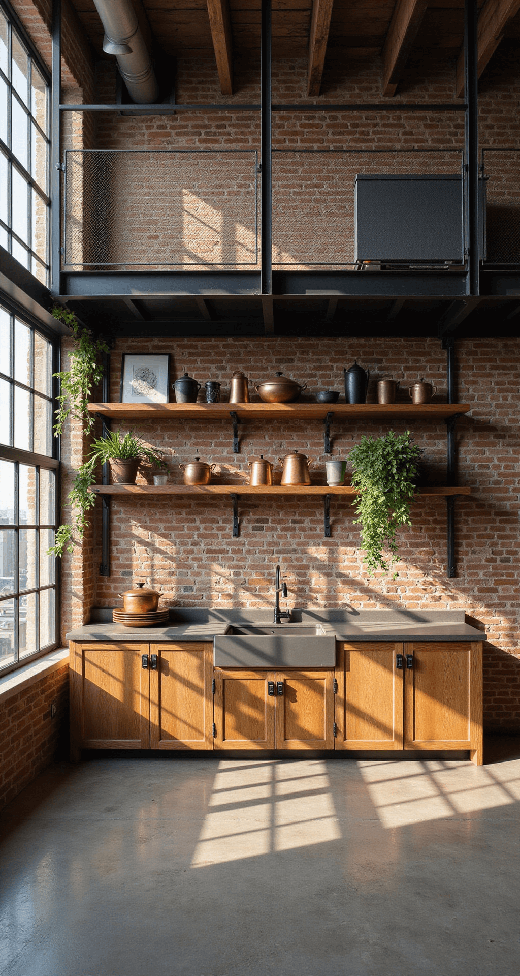 Mastering Wood Kitchen Cabinet Photography: A Comprehensive Guide Industrial-modern loft kitchen featuring reclaimed barn wood cabinets and an exposed brick wall, illuminated by afternoon sun streaming through factory windows. The space includes steel open shelving, concrete countertops, copper cookware, dark ceramics, and trailing plants, all captured from an elevated mezzanine perspective to showcase the layout and strategic accent lighting on wooden details.