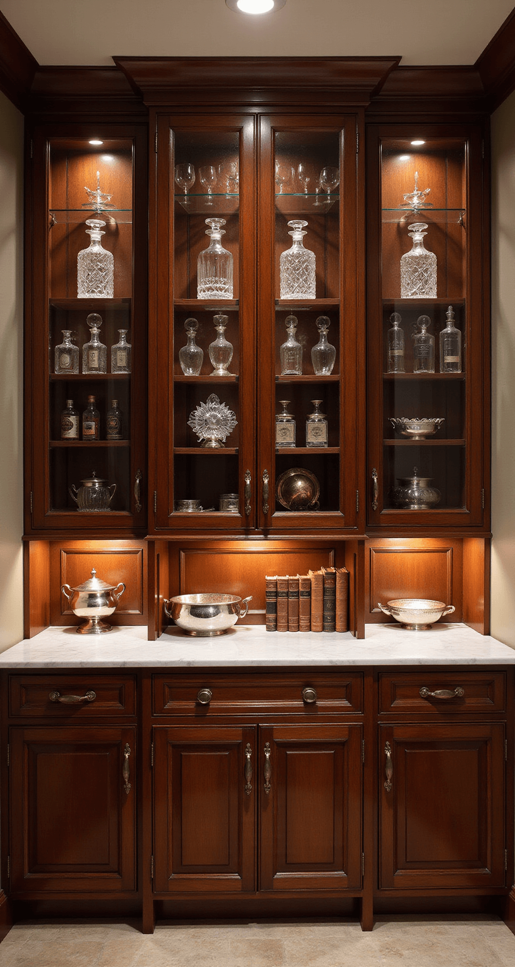 Mastering Wood Kitchen Cabinet Photography: A Comprehensive Guide A traditional butler's pantry featuring mahogany cabinets with glass doors, illuminated by antique brass sconces and reflecting warm light off a white marble countertop, styled with silver serving pieces, leather-bound books, and vintage barware.