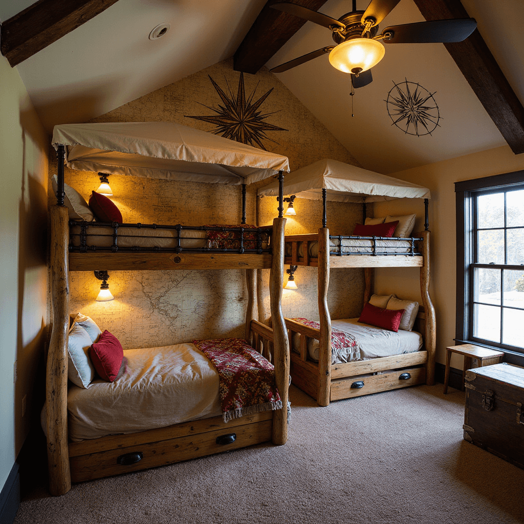 Grandkids Bunk Room: Creating the Ultimate Sleepover Haven A cozy 14x16ft adventure-themed room featuring custom triple-tier bunks designed like treehouse platforms, with distressed wood and metal railings, canvas canopies, and vintage map wallpaper. The space includes earth-tone bedding with red accents, vintage trunks for storage, and an oversized compass rose on the ceiling, all illuminated by dramatic side lighting.