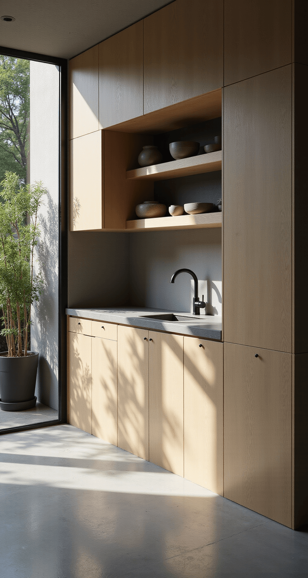 Natural Wood Kitchen Cabinets: The Ultimate Guide to Timeless Elegance A minimalist zen kitchen featuring smooth maple flat-panel cabinets and waterfall concrete countertops, illuminated by morning light through floor-to-ceiling windows, with bamboo plants in the corner and matte black fixtures, captured from a wide-angle perspective to emphasize clean lines and spatial flow.