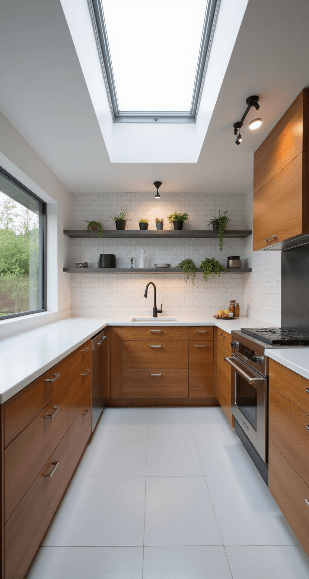 Natural Wood Kitchen Cabinets: The Ultimate Guide to Timeless Elegance A contemporary kitchen featuring horizontal-grain alder cabinets, white solid surface counters, and a geometric tile backsplash. Natural midday light from a skylight combines with LED strips, casting high contrast shadows. Floating metal shelves hold potted herbs, and linear pendant lighting hangs above. The image is captured from a straight-on perspective with a slight upward angle, highlighting the kitchen's horizontal lines.