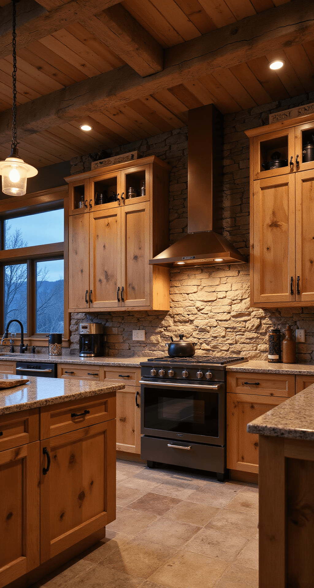 Natural Wood Kitchen Cabinets: The Ultimate Guide to Timeless Elegance A cozy rustic mountain kitchen featuring a stone accent wall, warm dusk lighting, and knotty birch cabinets with iron hardware. Leather-finish granite counters and a copper hood vent complement reclaimed wood open shelving displaying vintage cookware. The low camera angle highlights the kitchen's height and moody atmosphere with golden undertones.