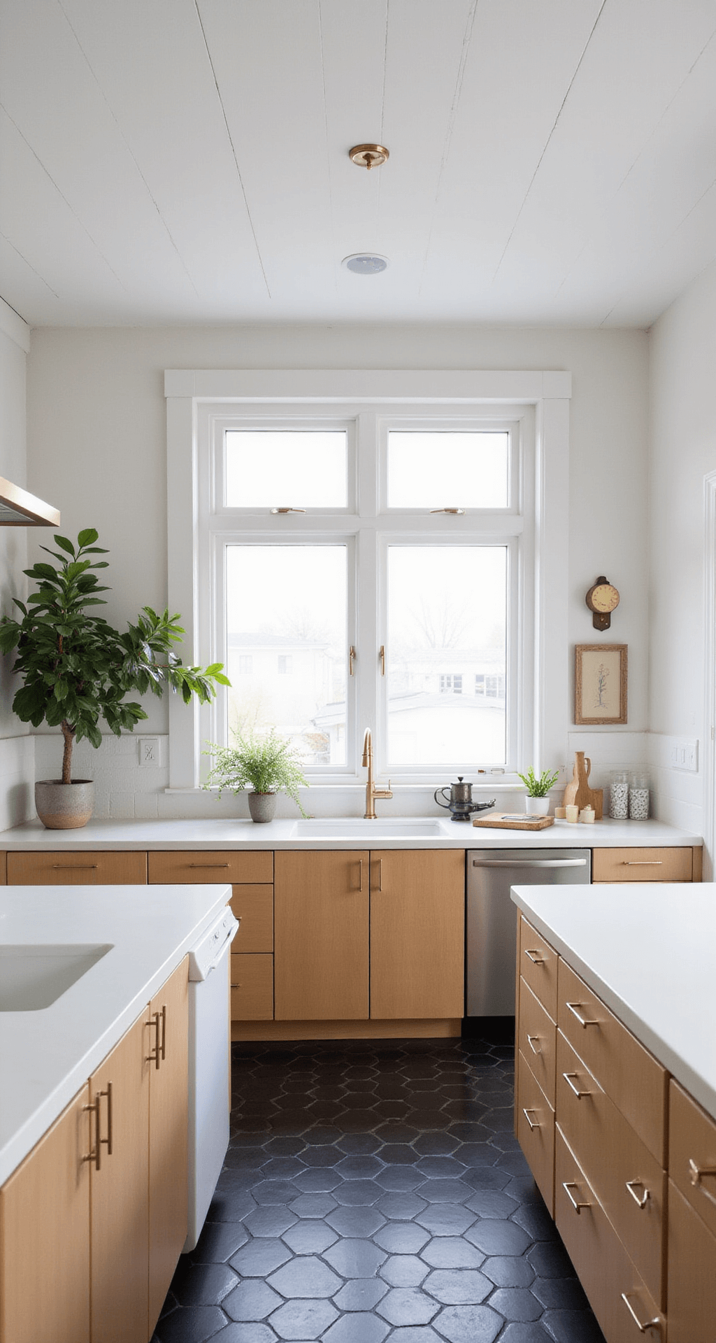 Natural Wood Kitchen Cabinets: The Ultimate Guide to Timeless Elegance A bright Scandinavian kitchen featuring blonde maple cabinets, white countertops, and black hexagon floor tiles, illuminated by diffused morning light. The space showcases a whitewashed ceiling, minimal decor, and a potted fiddle leaf fig, all accentuated by a linear pendant light in brushed brass, captured in an eye-level front-facing shot that emphasizes symmetry.