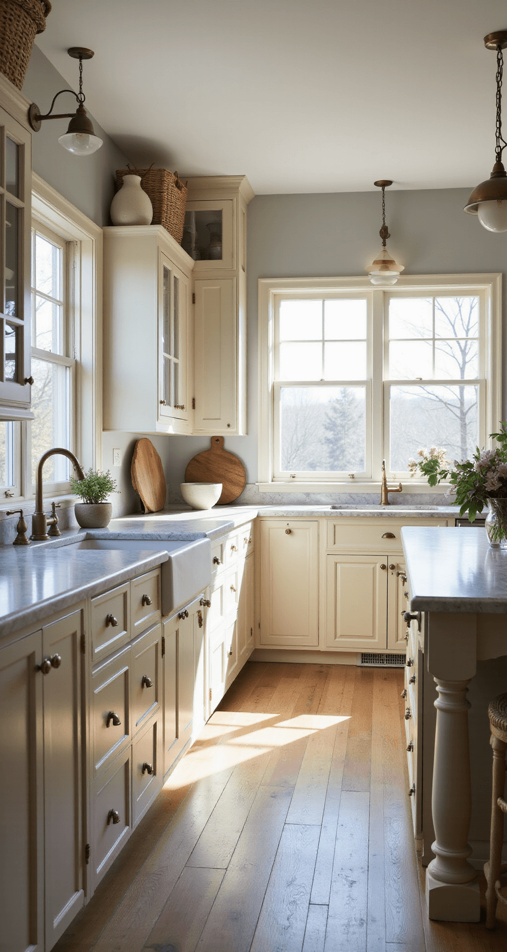 Cream Kitchen Cabinets: Your Warm and Versatile Design Sanctuary A spacious 12x15ft kitchen bathed in morning sunlight with cream shaker-style cabinets, Calacatta marble countertops, and a large island featuring turned legs. Vintage brass pendant lights hang above, surrounded by natural woven baskets and pale wood cutting boards against soft gray-beige walls. The image captures a warm, inviting atmosphere from the entrance, highlighting the cabinet texture.