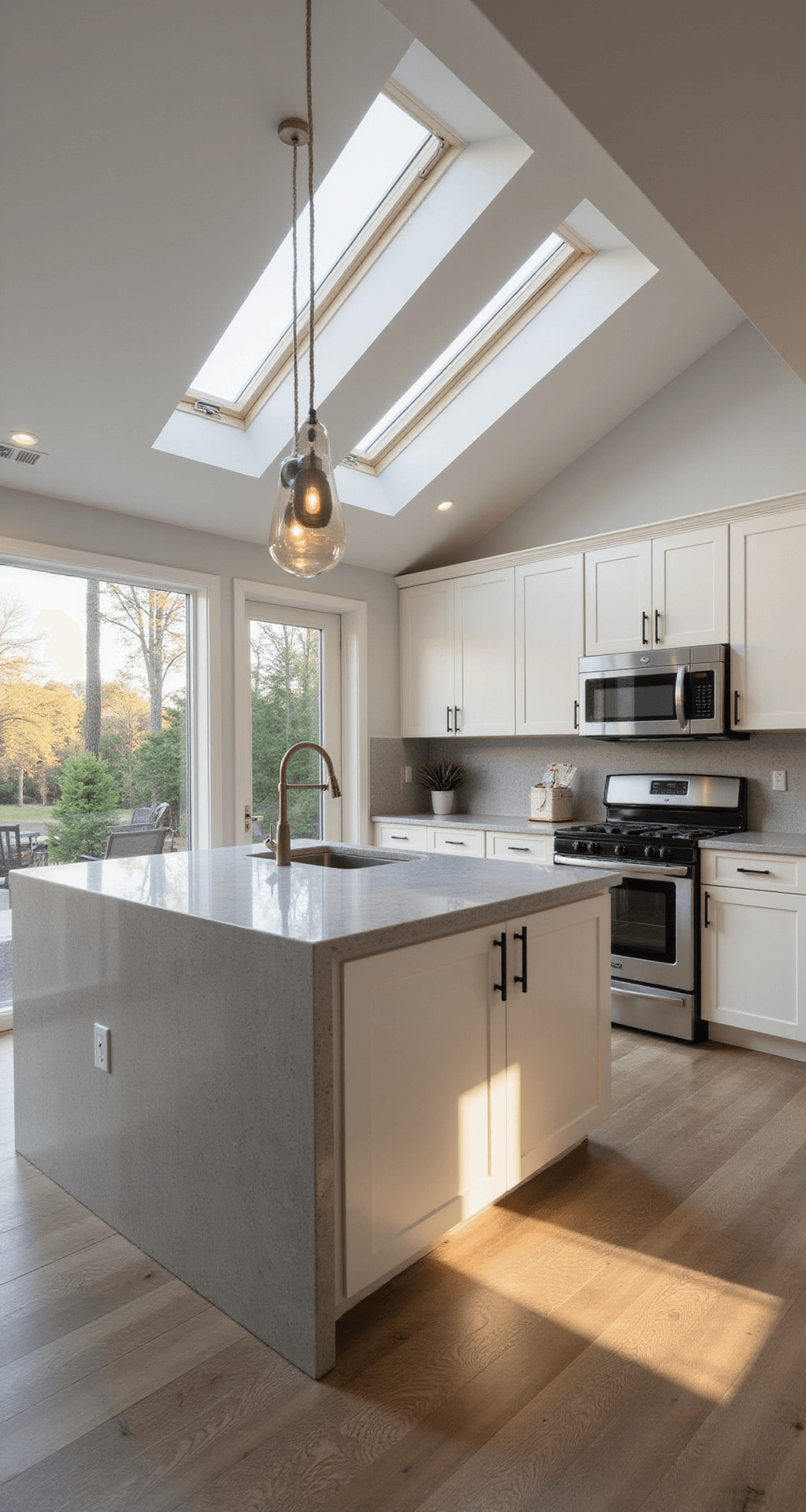 Cream Kitchen Cabinets: Your Warm and Versatile Design Sanctuary A contemporary L-shaped kitchen measuring 15x18ft, featuring cream flat-panel cabinets, a dove gray waterfall quartz island, and sleek stainless appliances, illuminated by late afternoon light filtering through skylights. Matte black hardware and minimalist globe pendants add modern flair, captured in a wide-angle shot emphasizing clean lines and the spacious design.