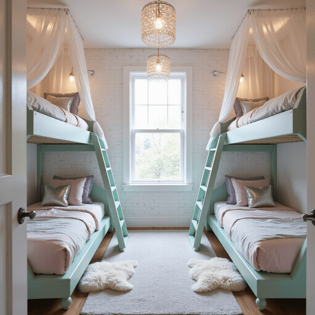 Grandkids Bunk Room: Creating the Ultimate Sleepover Haven A bright corner room with a white-painted brick accent wall features four modern floating bunks in soft mint green, adorned with blush pink and lavender bedding, silver star accent pillows, and gauzy canopies. Crystal pendant lights hang at varying heights above sheepskin rugs beside each ladder, while a neon cloud light installation highlights the main wall. The image is captured from the doorway with bright natural light and soft fill lights for added dimension.