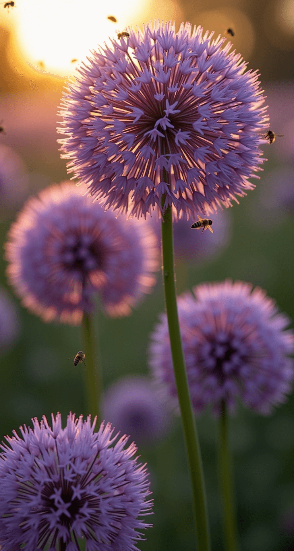 Alliums: The Globe-Shaped Garden Stars That Will Transform Your Landscape Close-up of majestic cluster of Purple Sensation alliums backlit by warm sunlight, showcasing their spherical purple blooms with bees and butterflies hovering nearby, captured with shallow depth of field for a dreamy bokeh effect.