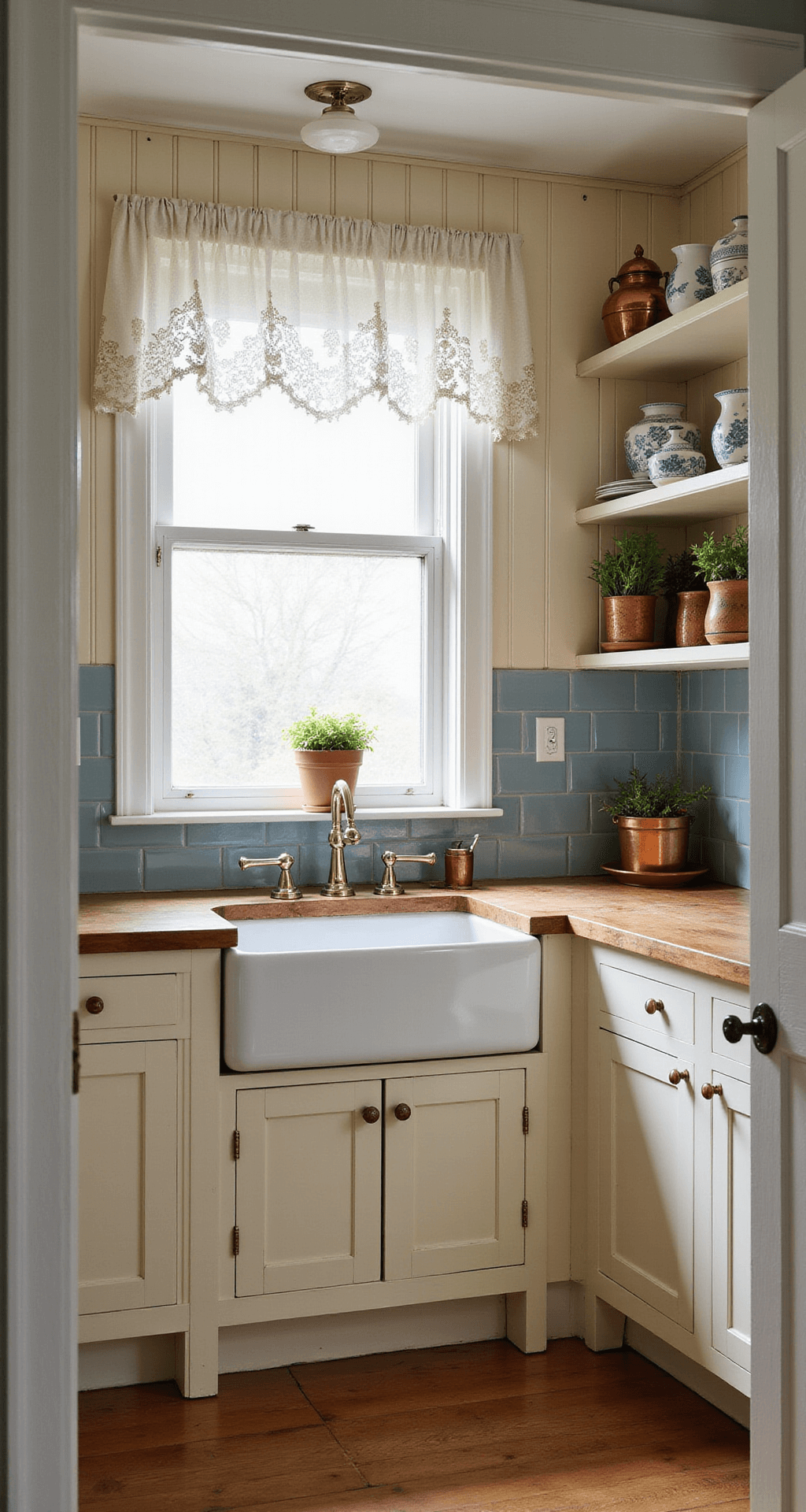 Cream Kitchen Cabinets: Your Warm and Versatile Design Sanctuary A cozy cottage kitchen featuring cream beadboard cabinets, glass-front upper displays, and warm butcher block counters, illuminated by early morning light filtering through lace cafe curtains. A white ceramic farmhouse sink sits beneath a window, while blue-gray ceramic tile backsplash complements the space. Vintage ironstone and copper cookware line the open shelving, and fresh herbs in terracotta pots add a touch of greenery. The scene is captured from the doorway, emphasizing the intimate atmosphere and natural lighting.