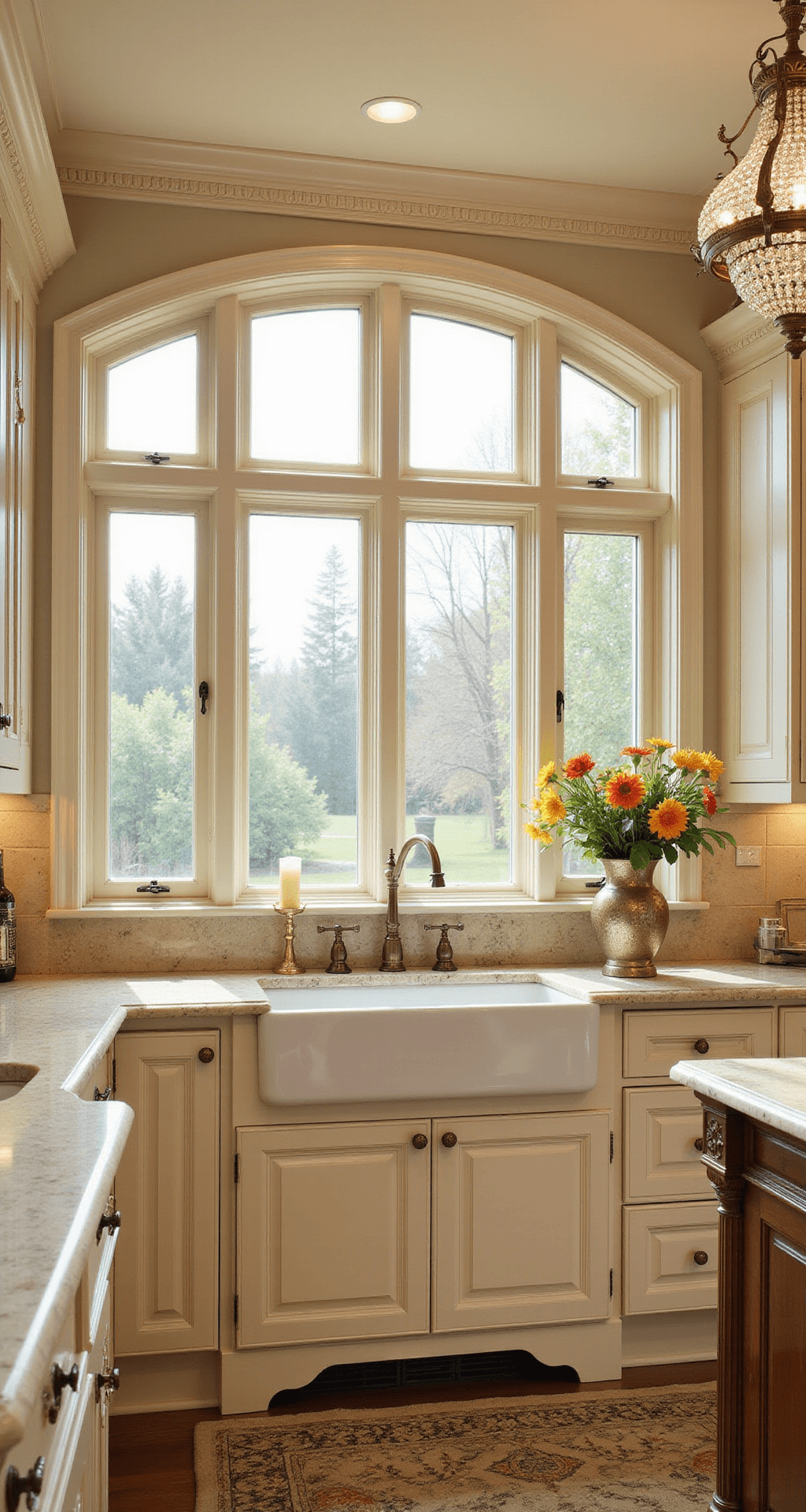Cream Kitchen Cabinets: Your Warm and Versatile Design Sanctuary Elegant traditional kitchen featuring cream raised-panel cabinets, arched windows with golden light, antique brass hardware, Crema Marfil marble counters, and a crystal chandelier, all accentuated by soft, diffused lighting and fresh flowers in mercury glass vases.